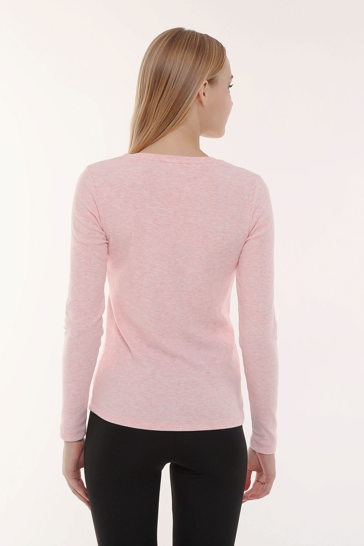 Kadın V Yaka Uzun Kollu Regular Fit Basic Tişört - PEMBE