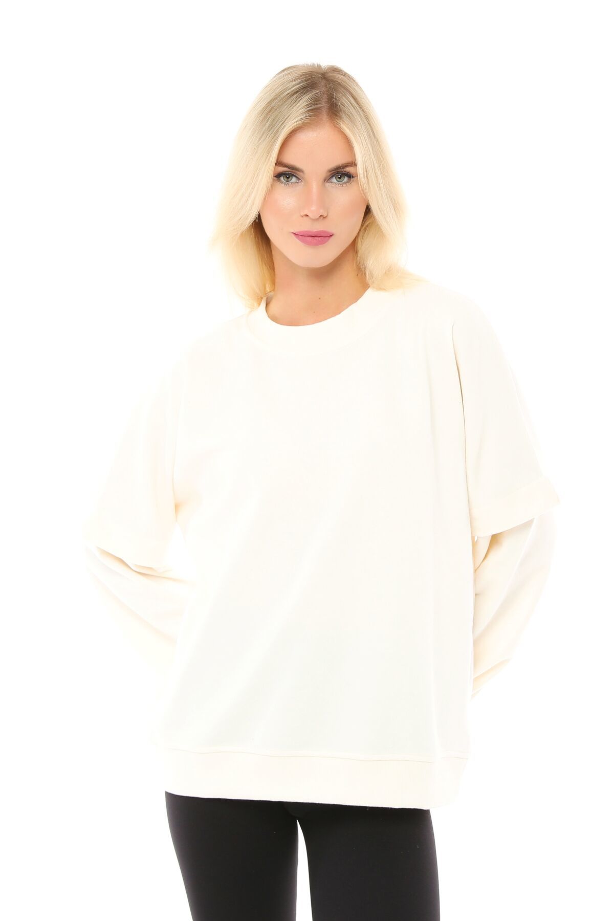 Kadın Bisiklet Yaka Kol Detaylı Oversize Fit Basic Sweatshirt - Ekru