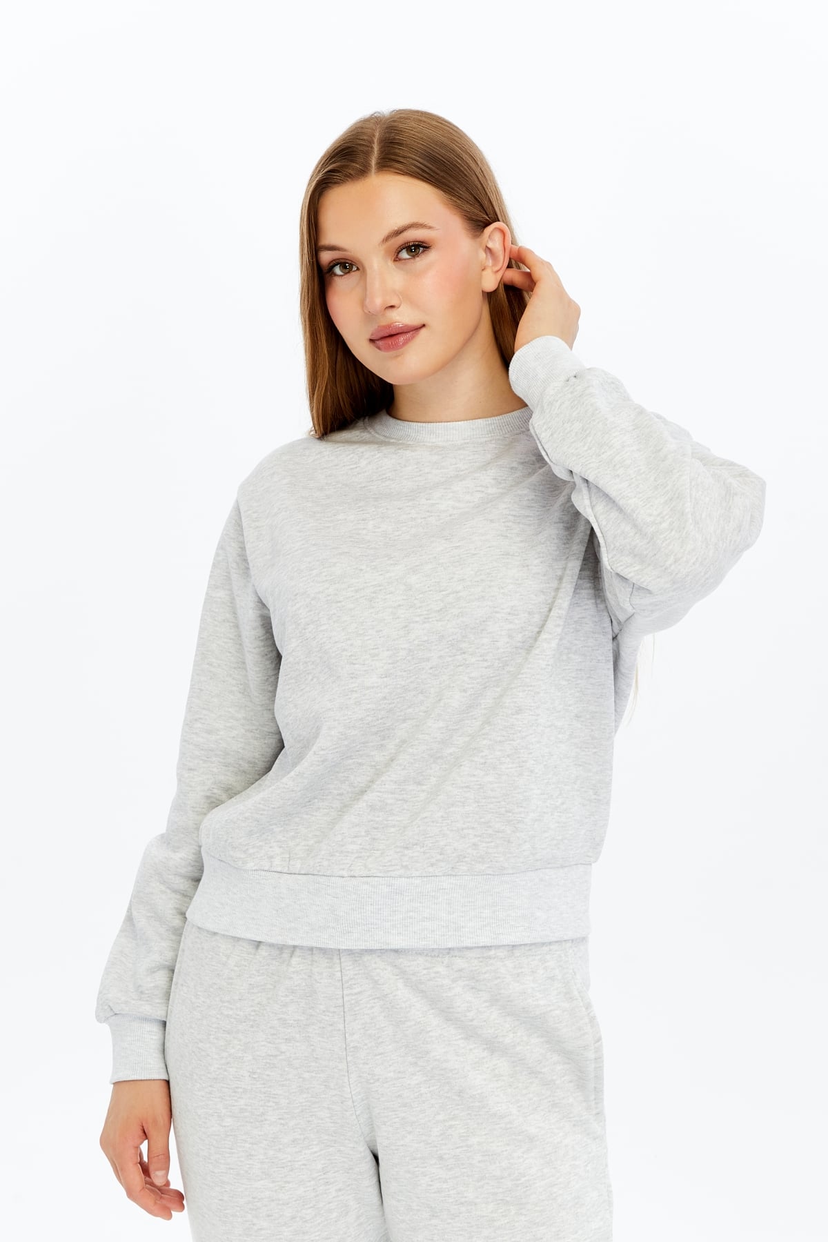 Kadın Bisiklet Yaka Regular Fit Basic Sweatshirt - Gri Melanj