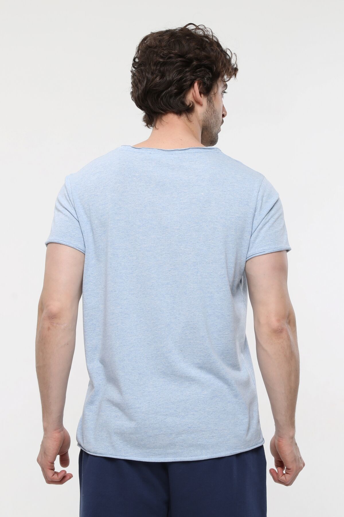 Erkek Kayık Yaka Kısa Kollu Regular Fit Basic Tişört - Mavi Melanj