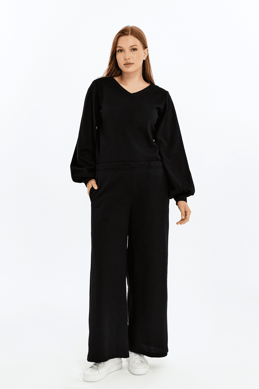 Kadın Bol Paça Cepli Dokulu Regular Fit Pantolon - SIYAH