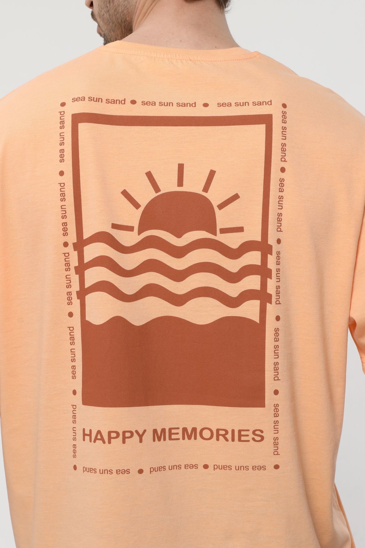 Erkek Bisiklet Yaka Kısa Kollu Oversize Fit Baskılı Tişört - Robin - Somon