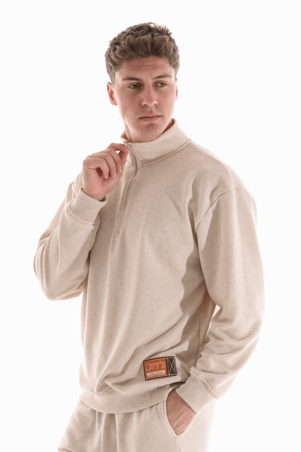 Erkek Dik Yaka Etiket Detaylı Regular Fit Sweatshirt - BEJ