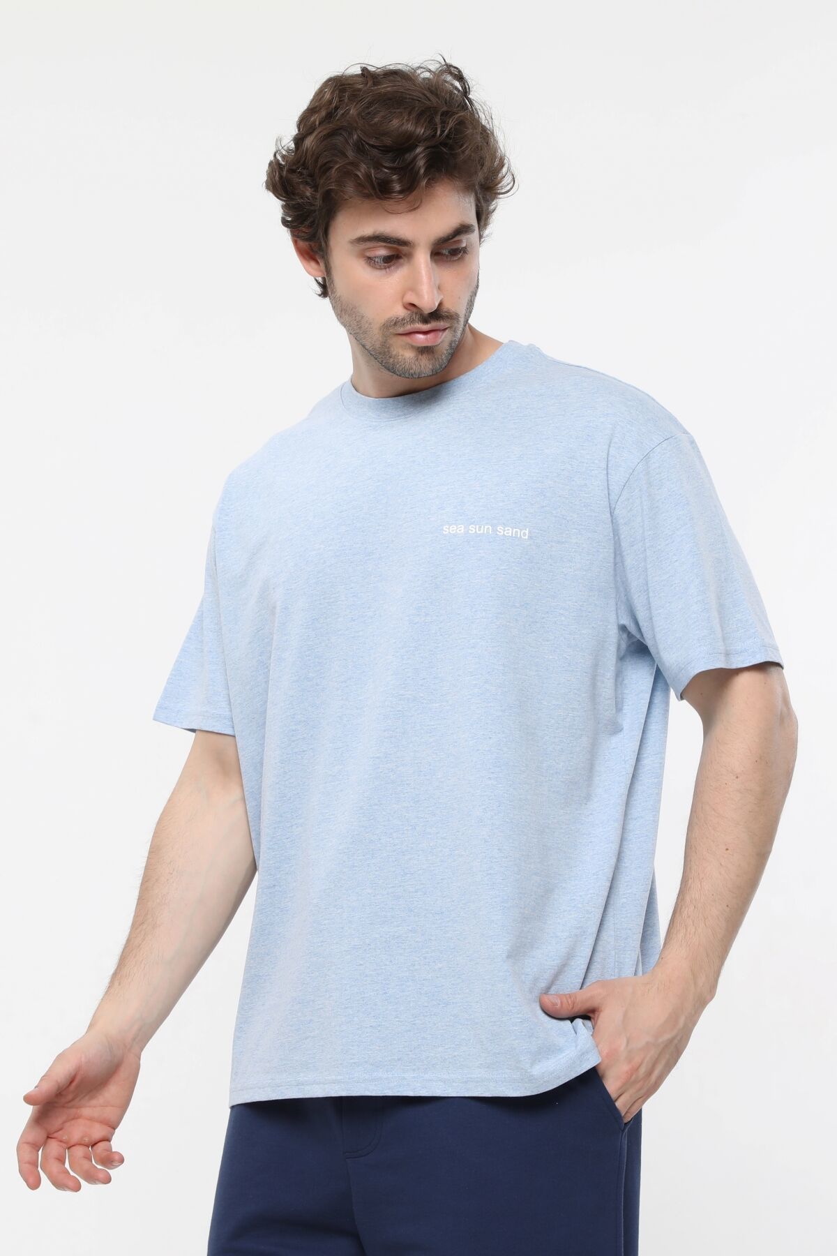 Erkek Bisiklet Yaka Kısa Kollu Oversize Fit Baskılı Tişört - Robin - Mavi Melanj