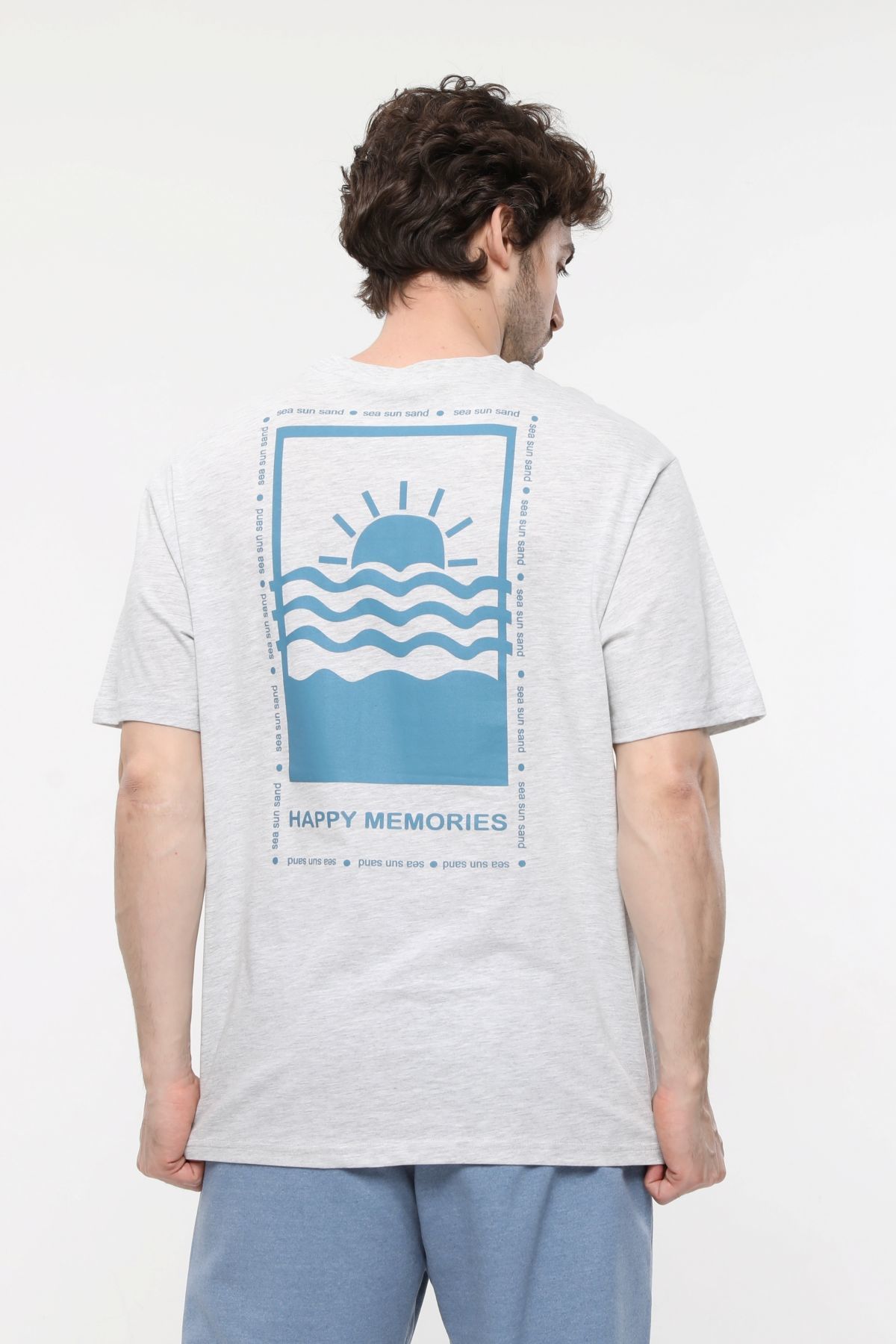 Erkek Bisiklet Yaka Kısa Kollu Oversize Fit Baskılı Tişört - Robin - Kar Melanj