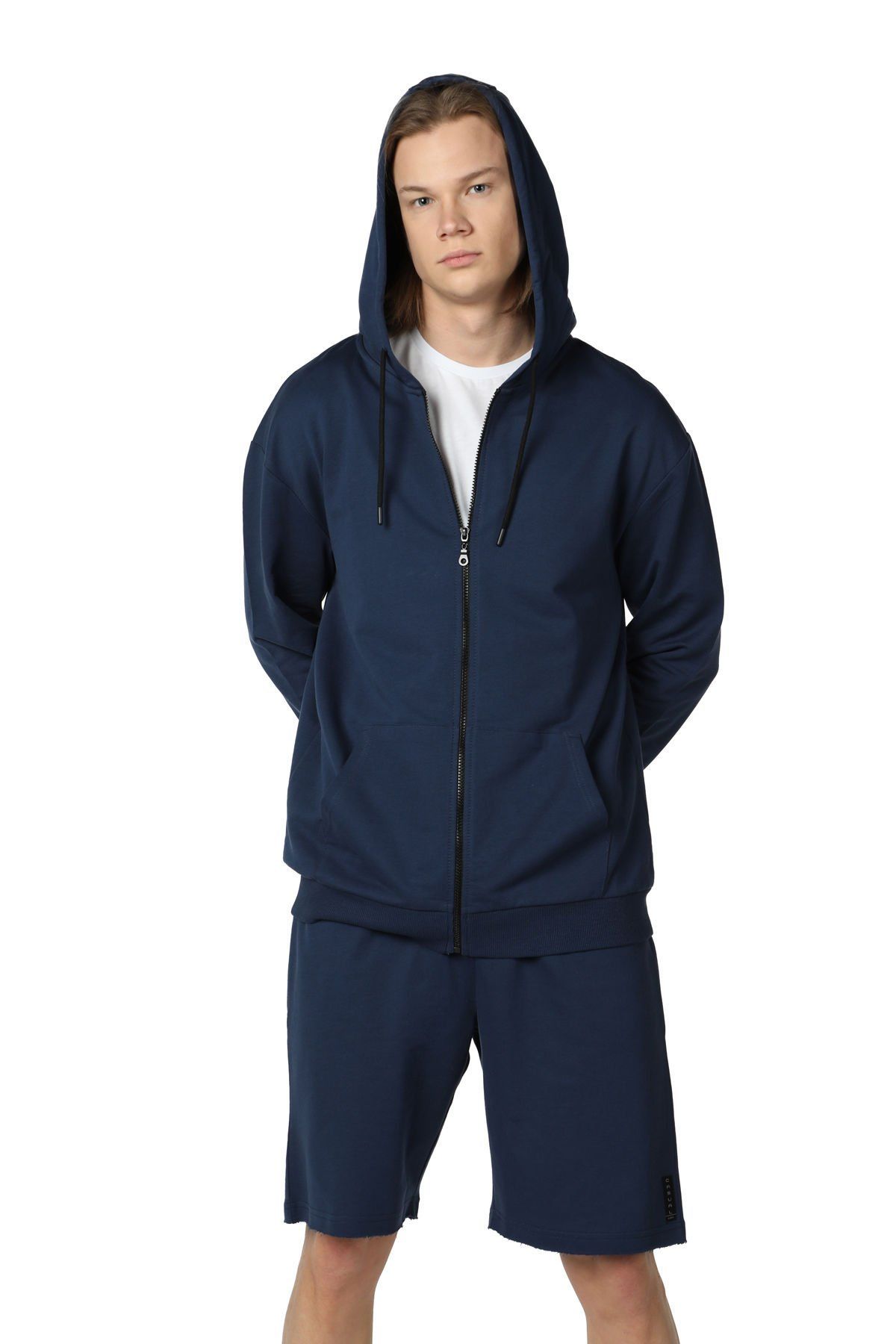 Erkek Kapüşonlu Fermuarlı Oversıze Sweatshırt - İndigo