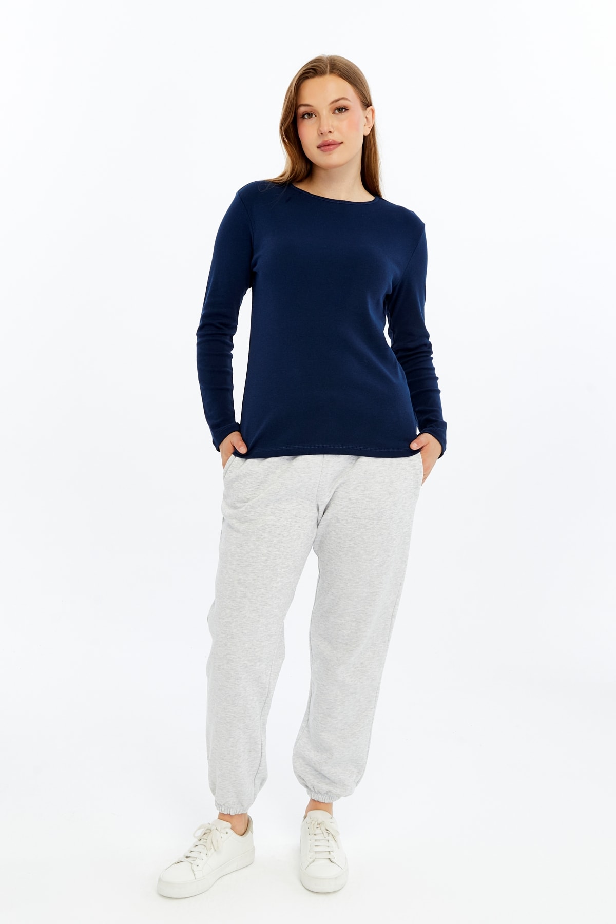 Kadın Bisiklet Yaka Uzun Kollu Regular Fit Basic Tişört - LACİVERT