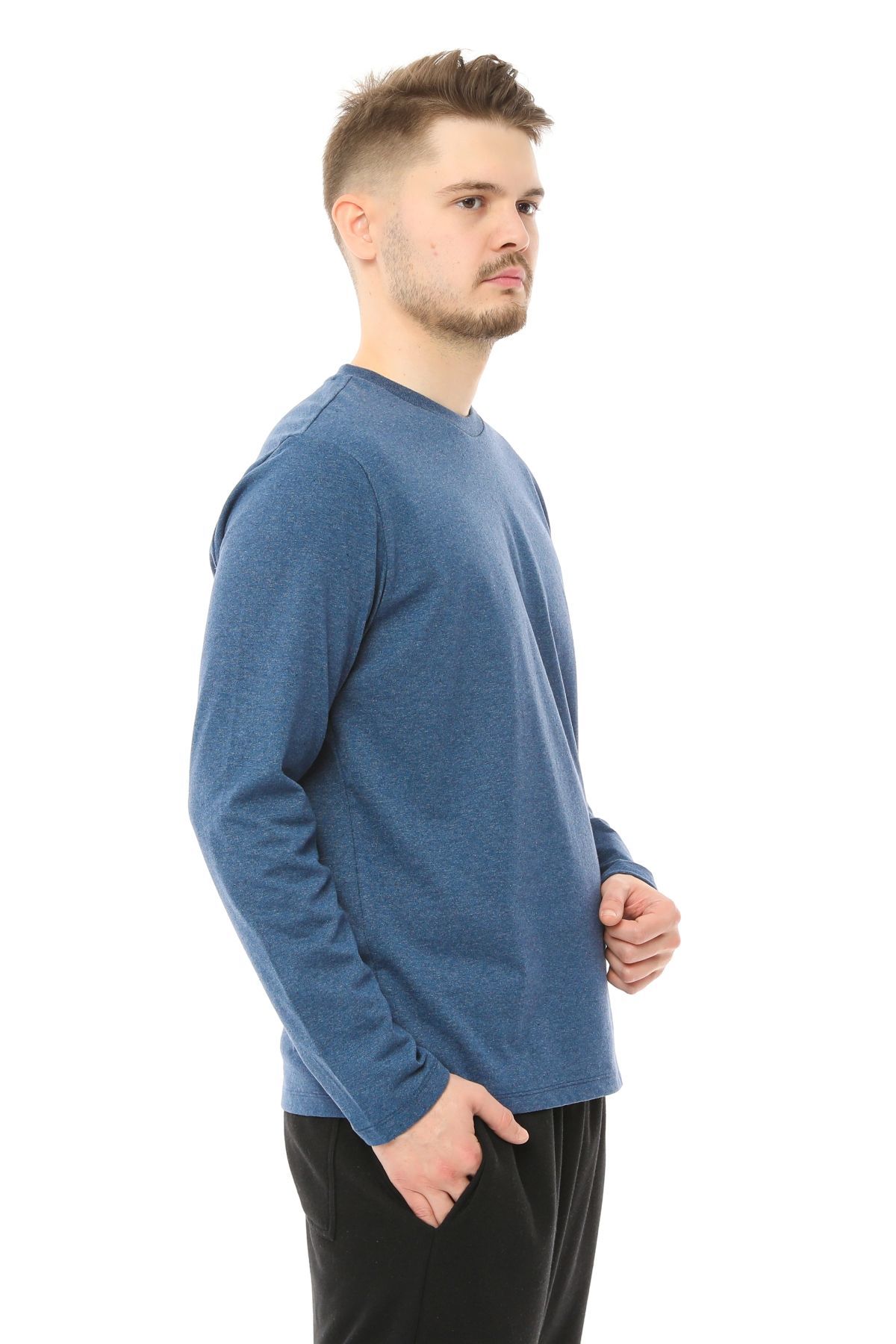 Erkek Bisiklet Yaka Uzun Kollu Regular Fit Basic Tişört - İNDİGO