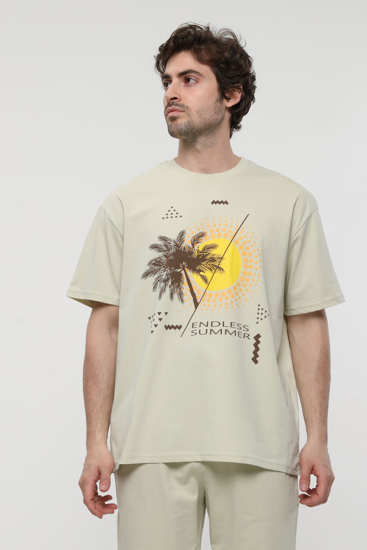 Erkek Bisiklet Yaka Kısa Kollu Oversize Fit Baskılı Tişört - Rio - Açık Yeşil