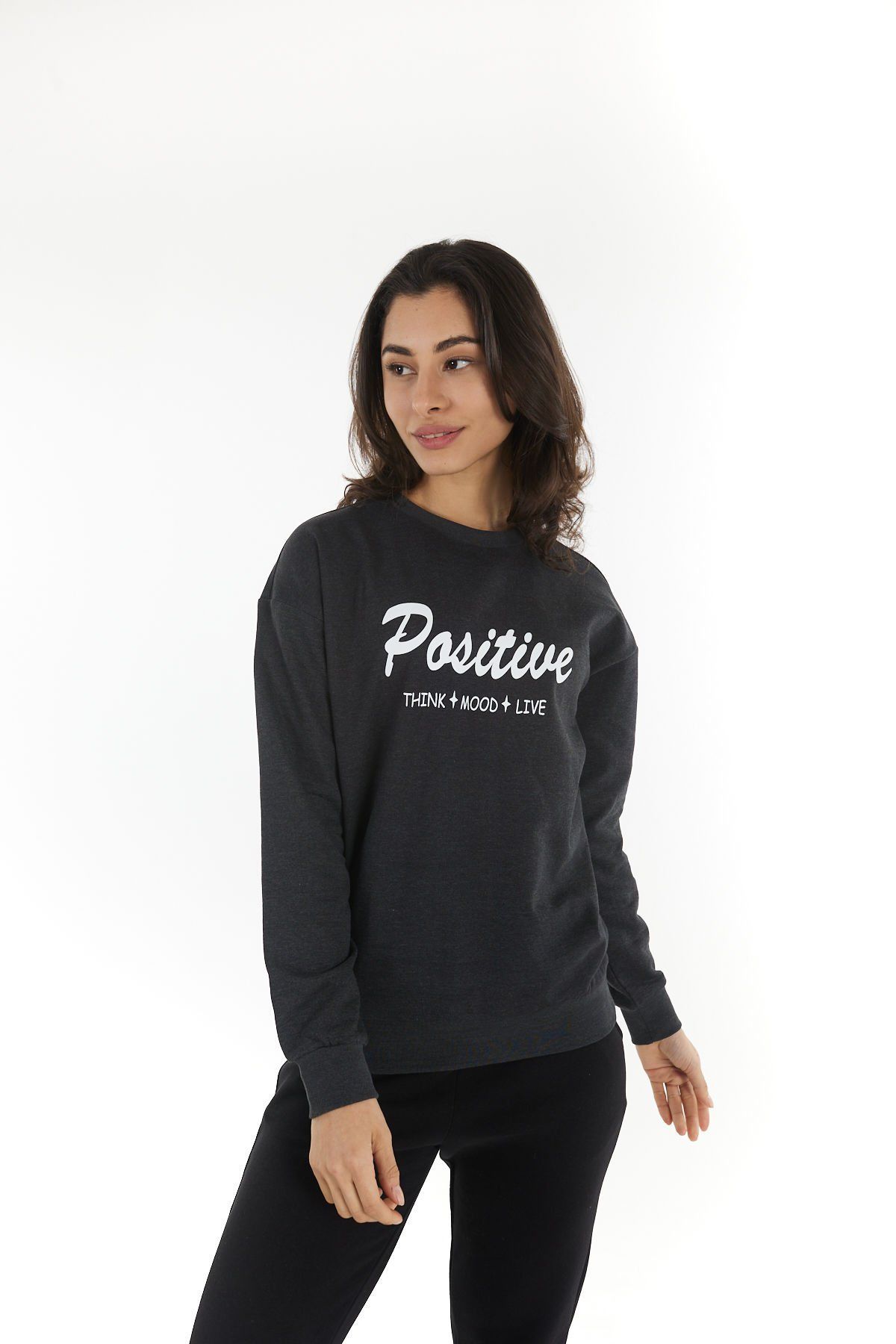 Kadın Bisiklet Yaka Regular Fit Baskılı Sweatshirt - Antrasit