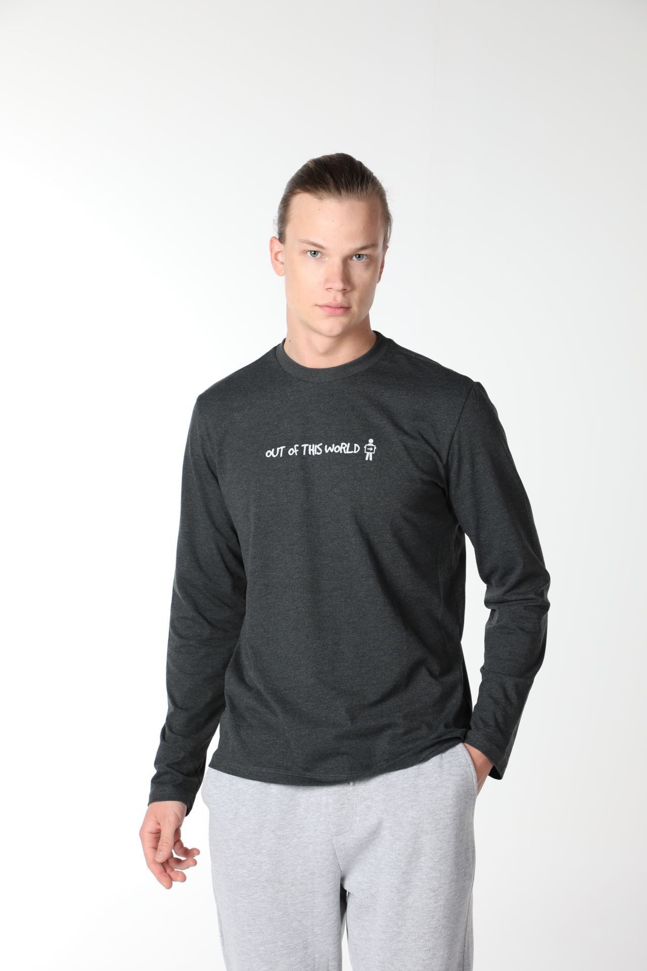 Erkek Bisiklet Yaka Uzun Kollu Regular Fit Baskılı Tişört - Antrasit