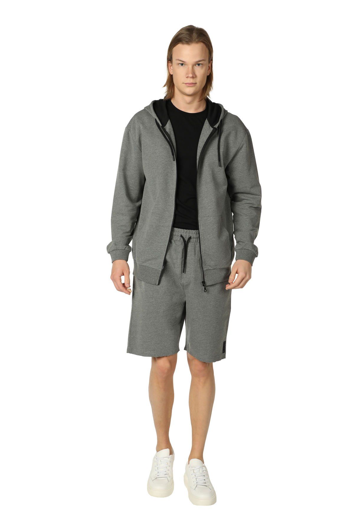 Erkek Kapüşonlu Fermuarlı Oversıze Sweatshırt - Koyu Gri