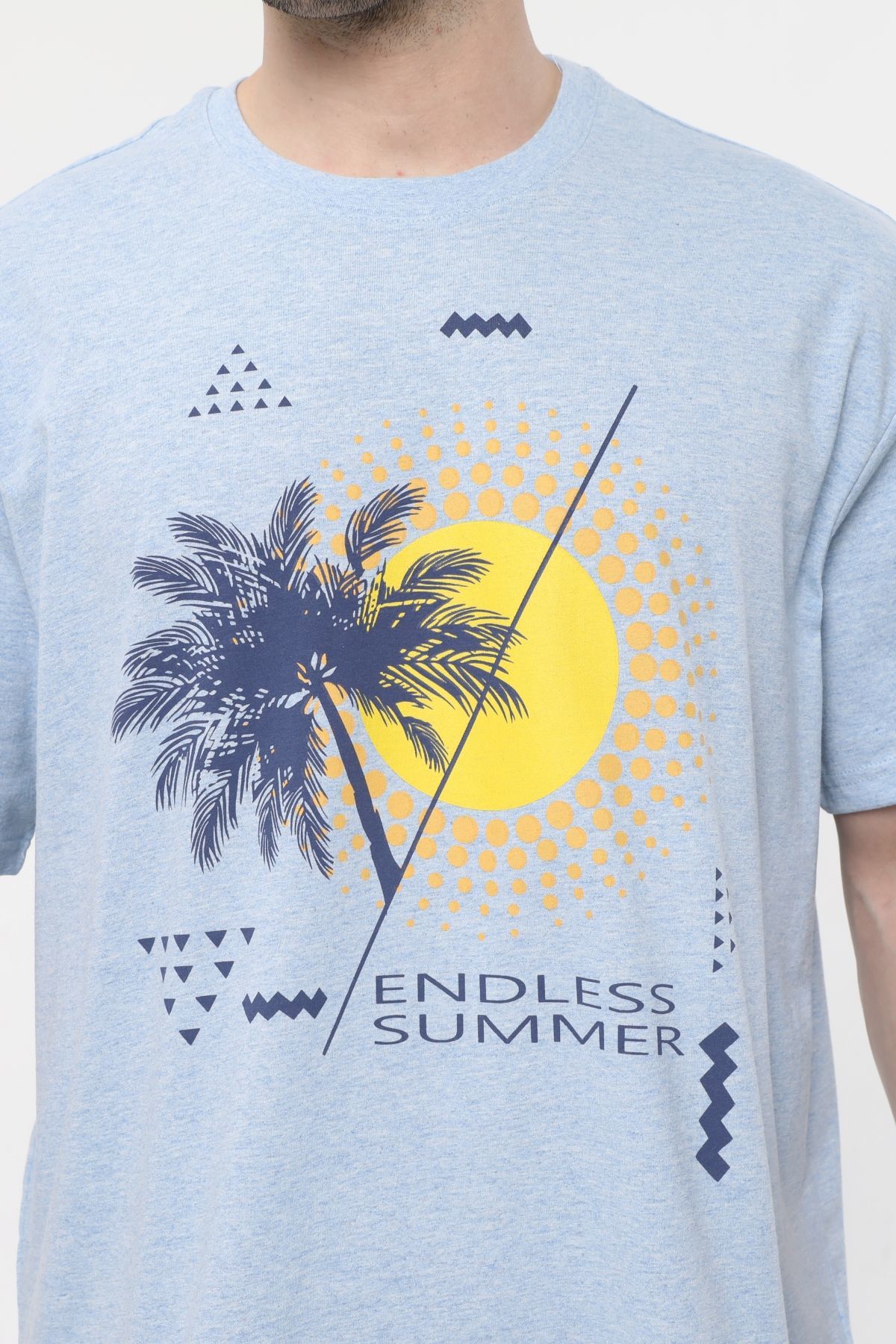 Erkek Bisiklet Yaka Kısa Kollu Oversize Fit Baskılı Tişört - Rio - Mavi Melanj