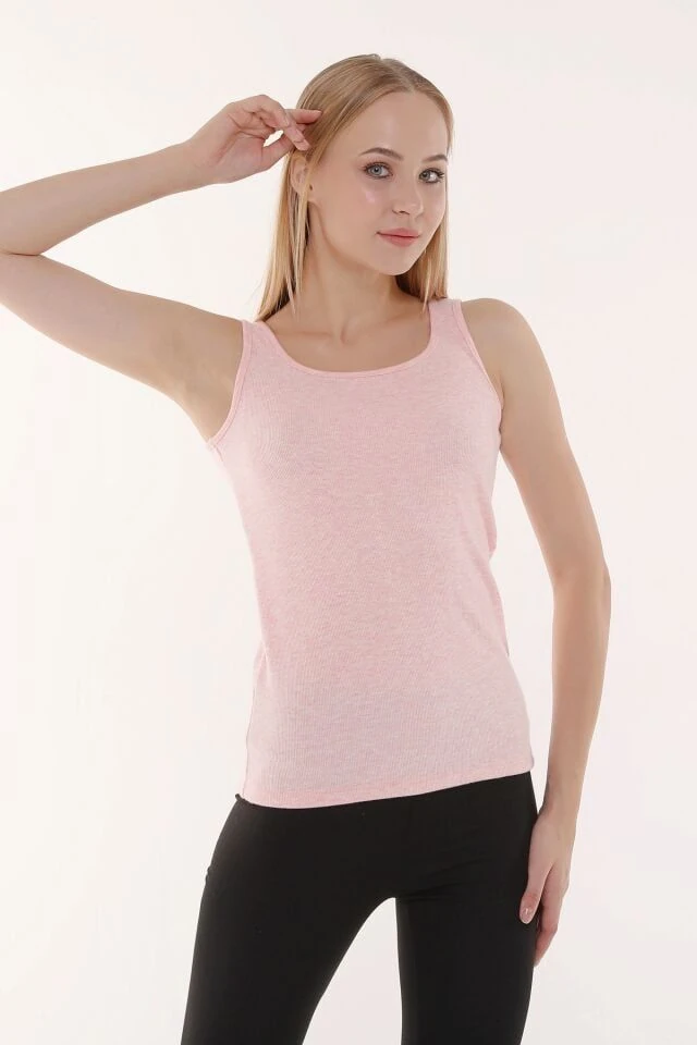 Kadın U Yaka Sıfır Kol Regular Fit Basic Geniş Askılı Tişört - Pembe Melanj