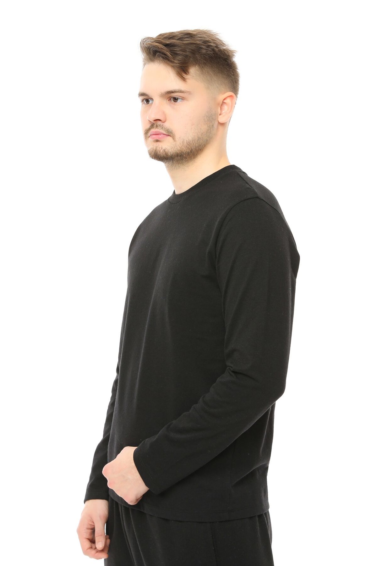 Erkek Bisiklet Yaka Uzun Kollu Regular Fit Basic Tişört - SİYAH
