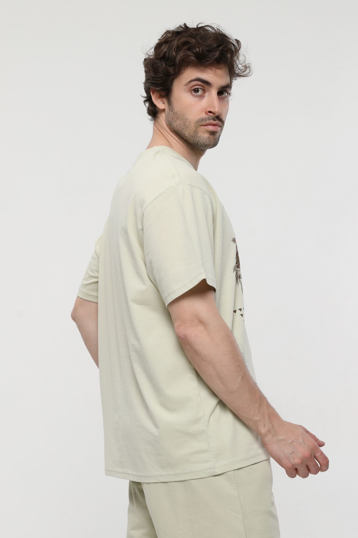 Erkek Bisiklet Yaka Kısa Kollu Oversize Fit Baskılı Tişört - Rio - Açık Yeşil