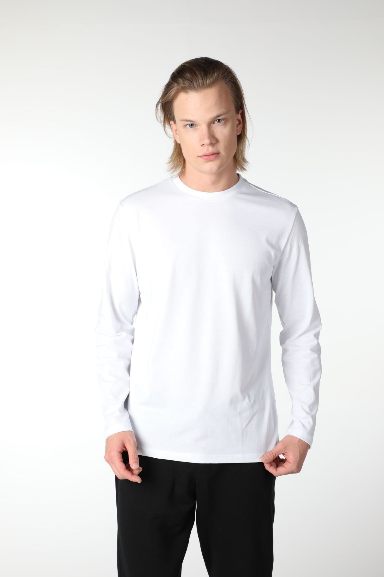 Erkek Bisiklet Yaka Uzun Kollu Regular Fit Basic Tişört - Beyaz