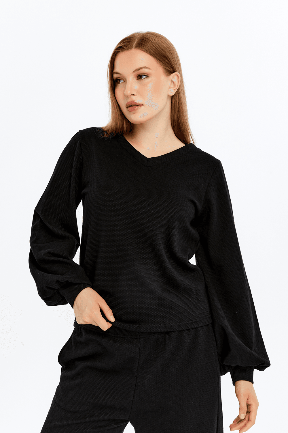 Kadın V Yaka Balon Kol Regular Fit Basic Bluz
