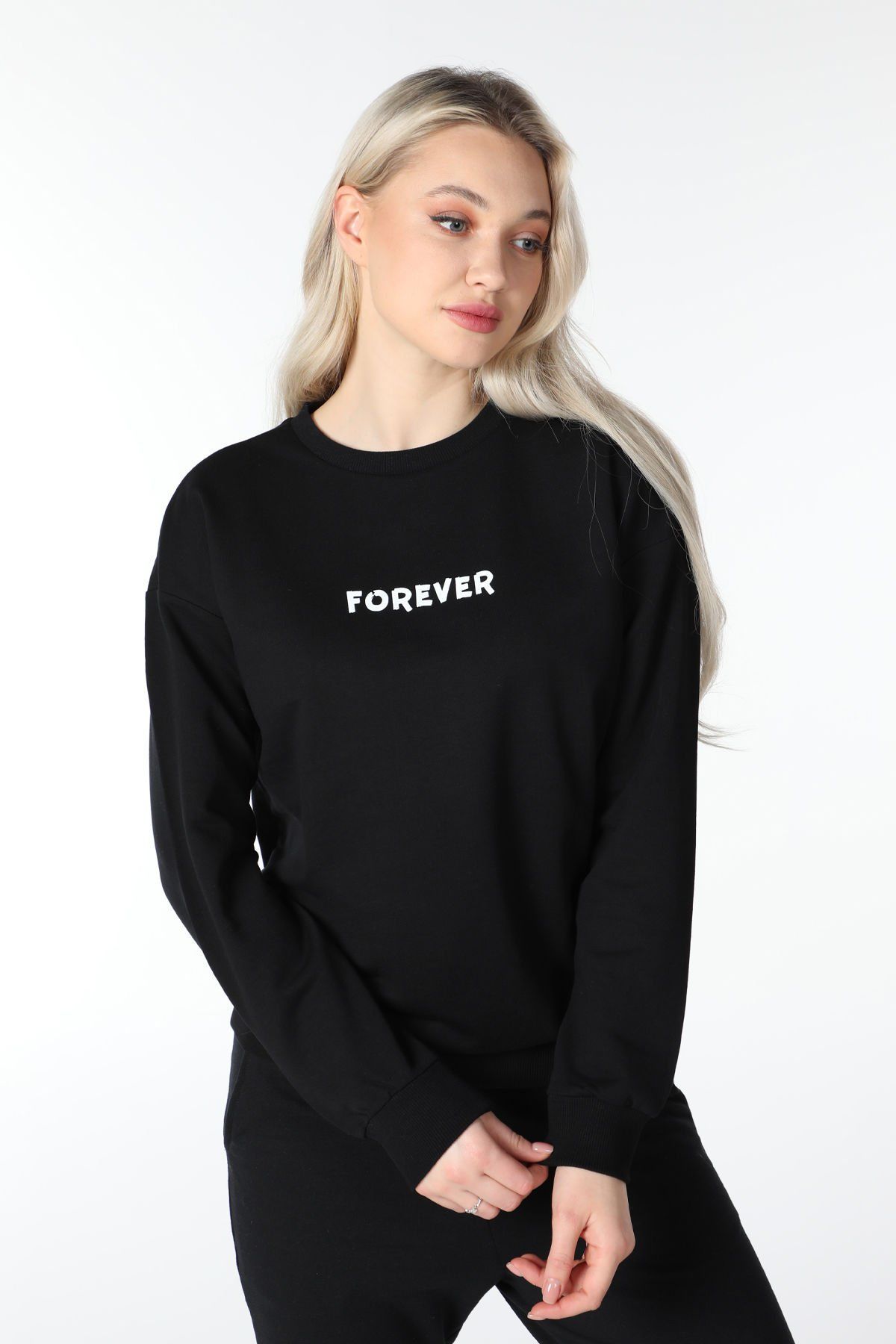 Kadın Bisiklet Yaka Regular Fit Baskılı Sweatshirt - Siyah