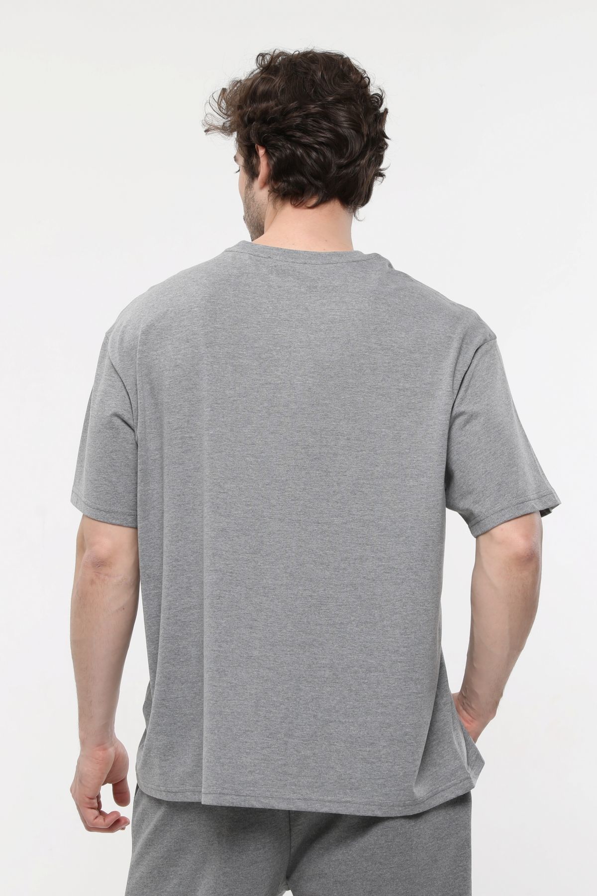 Erkek Bisiklet Yaka Kısa Kollu Oversize Fit Baskılı Tişört - Ragen - Antrasit Melanj