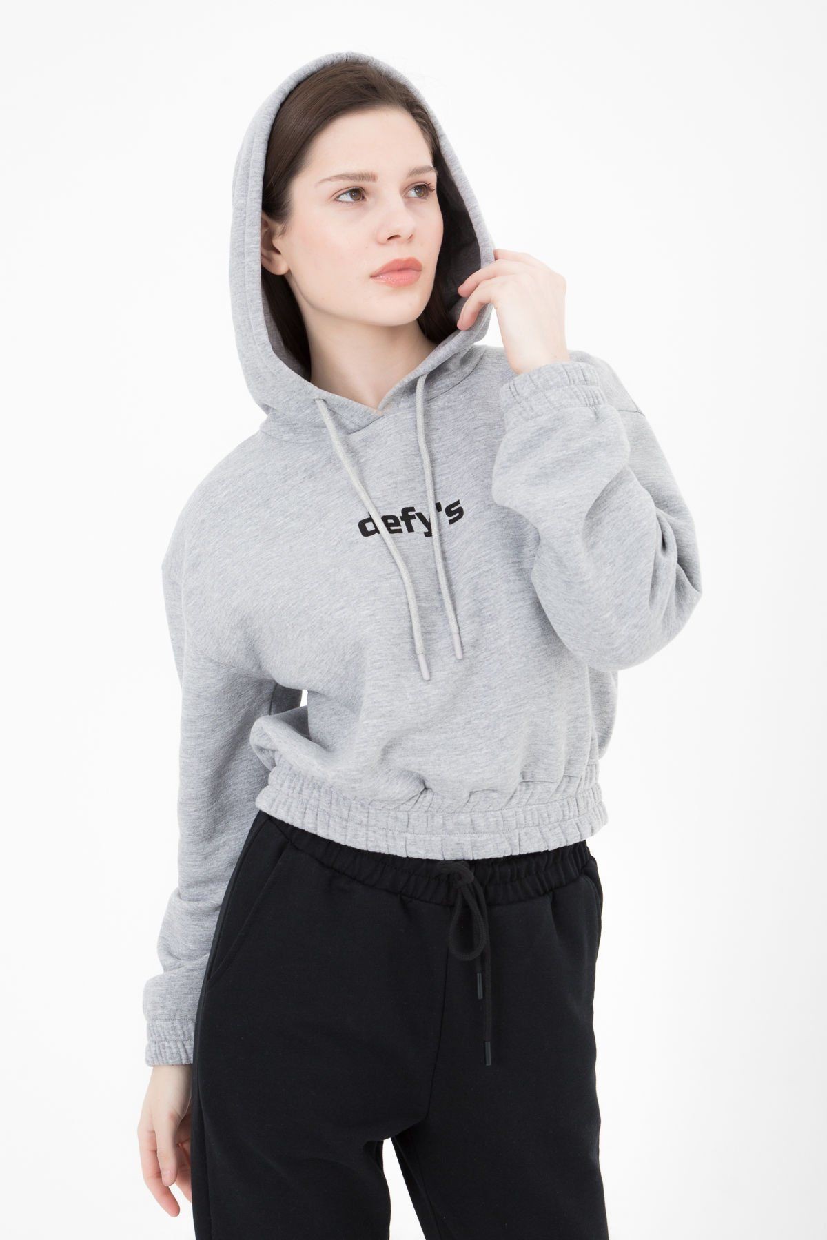 Kadın Baskılı Kapüşonlu Crop Sweat