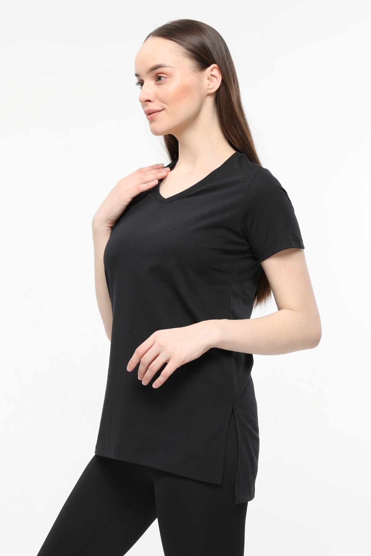 Kadın 3'lü Basic Regular Fit V Yaka Arkası Uzun Tişört Seti - SIYAH