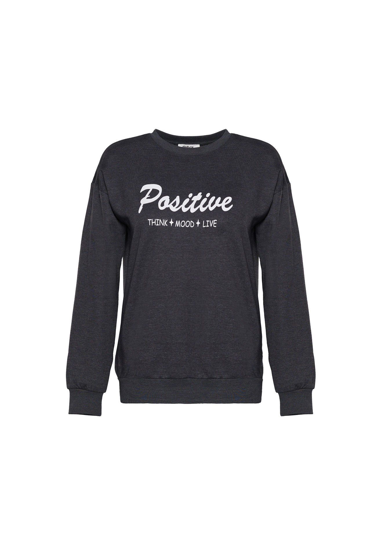 Kadın Bisiklet Yaka Regular Fit Baskılı Sweatshirt - Antrasit