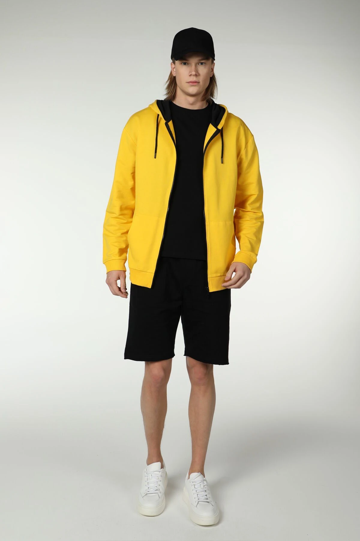 Erkek Kapüşonlu Fermuarlı Oversize Sweatshirt - Sarı