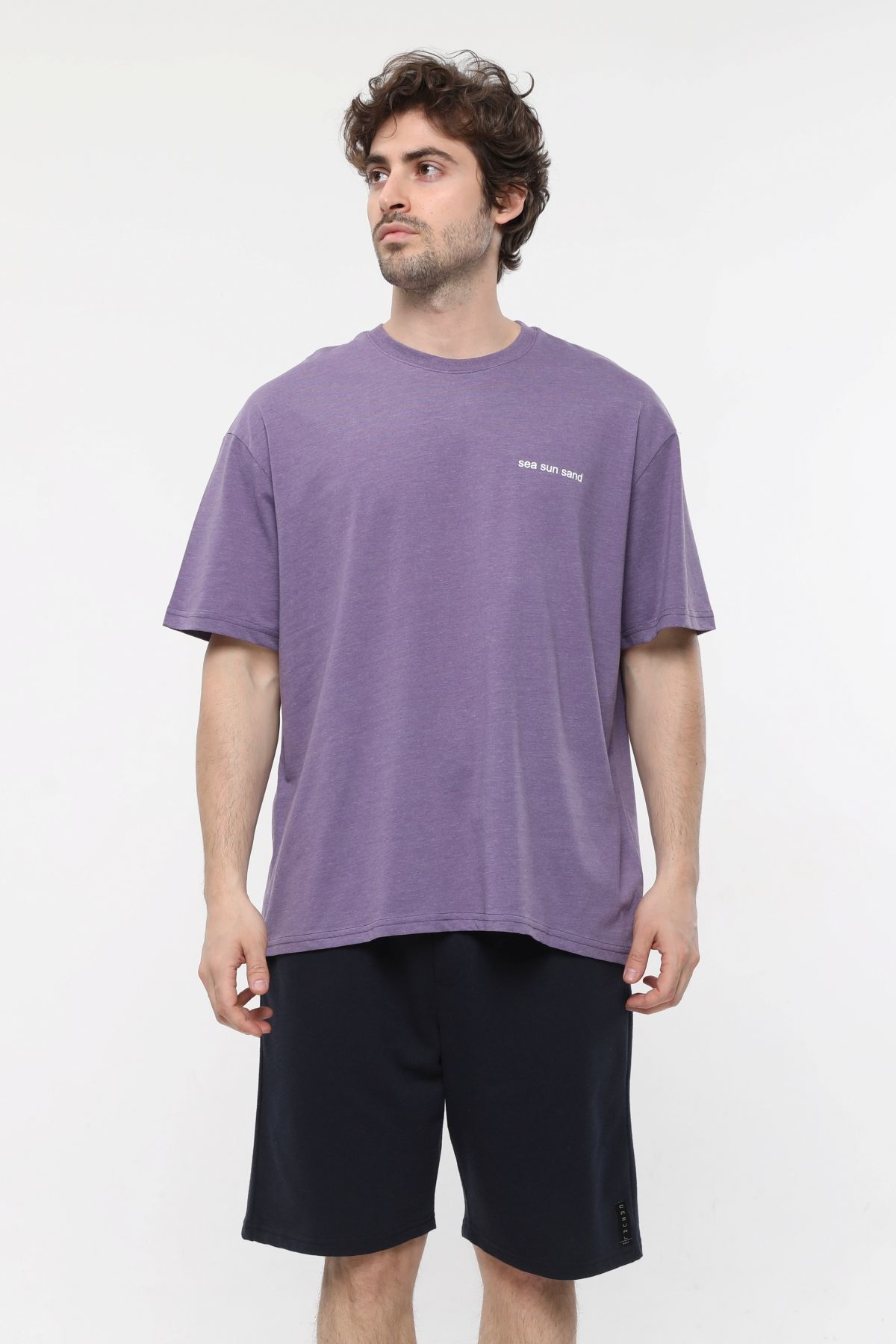 Erkek Bisiklet Yaka Kısa Kollu Oversize Fit Baskılı Tişört - Robin - Mor