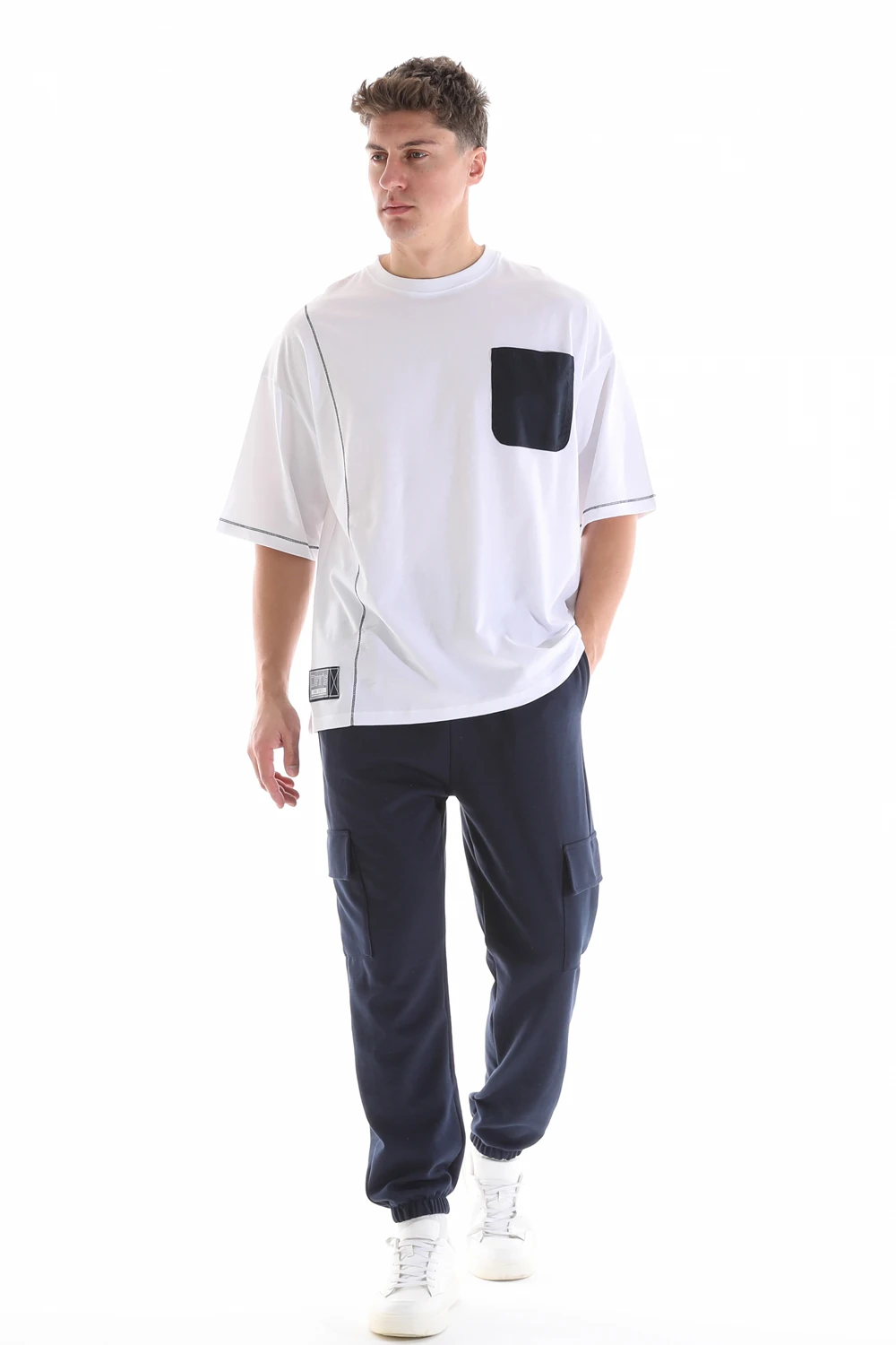 Erkek Bisiklet Yaka Kısa Kollu Oversize Fit Cep Detaylı Tişört