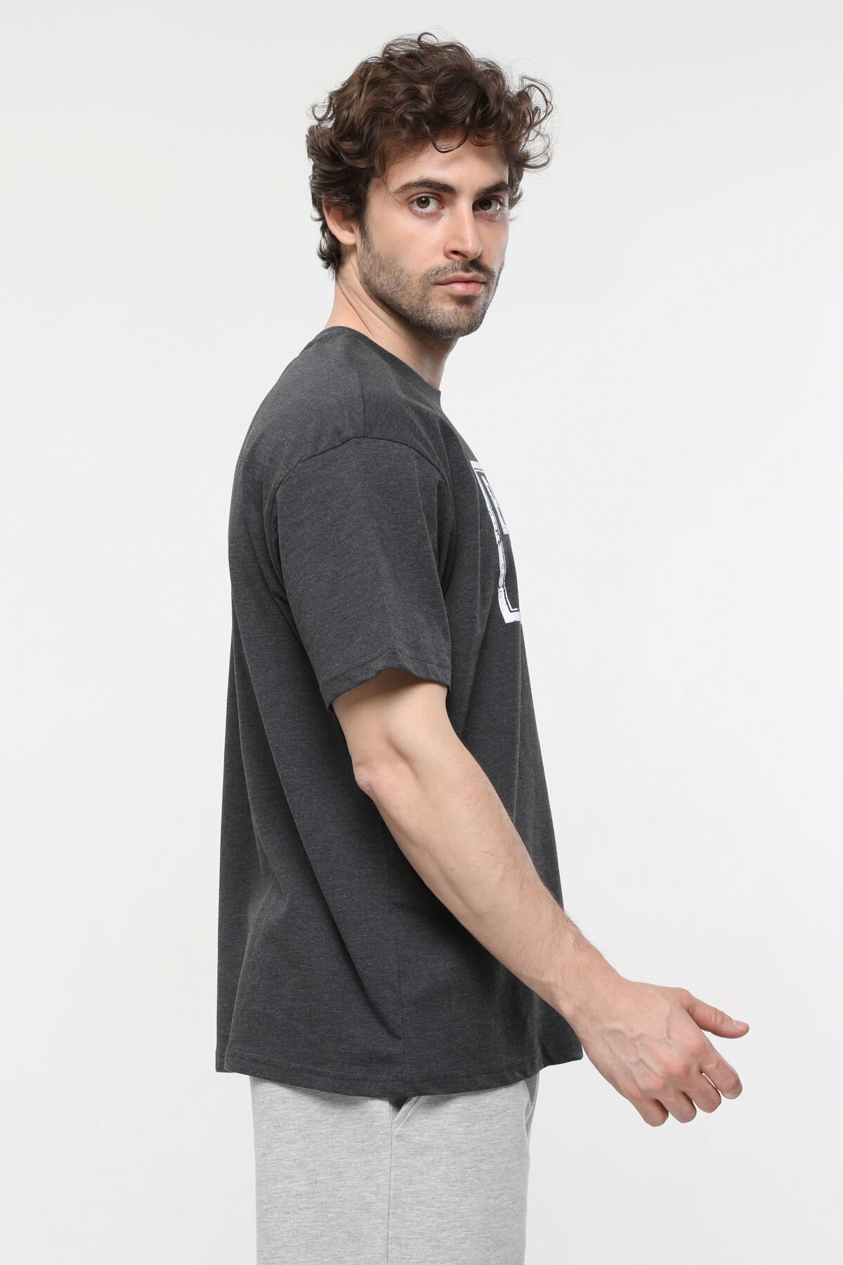Erkek Bisiklet Yaka Kısa Kollu Oversize Fit Baskılı Tişört - Rent - Antrasit Melanj