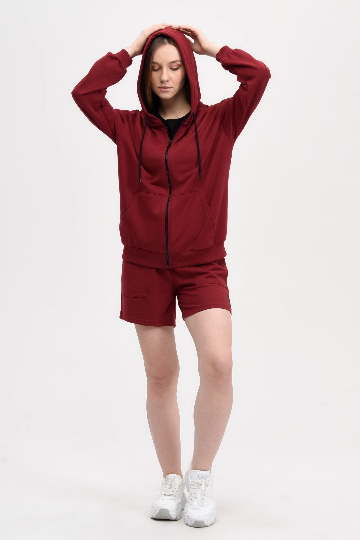 Kadın Kapüşonlu Fermuarlı Oversıze Sweatshırt - Bordo