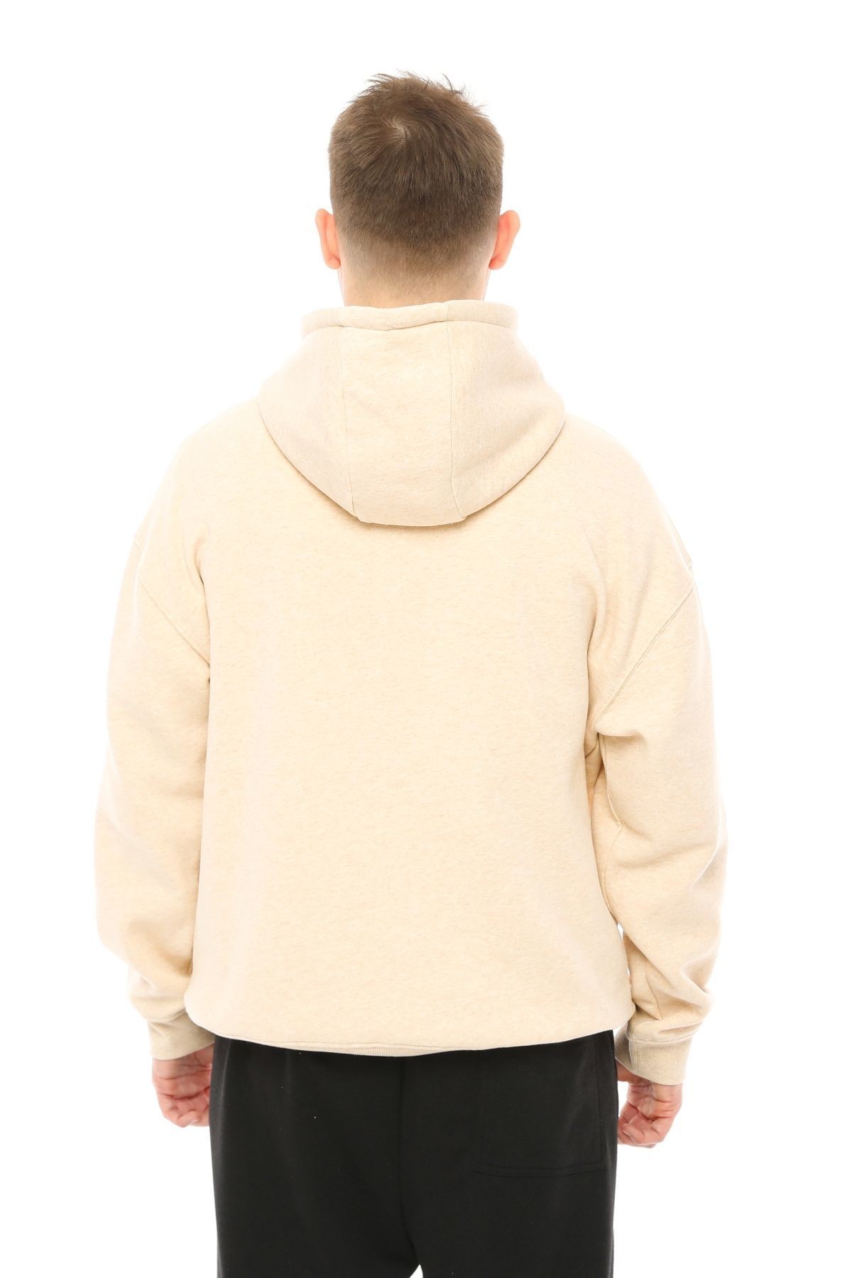 Erkek Kapüşonlu Şardonlu Oversize Basic Sweatshirt - BEJ MELANJ