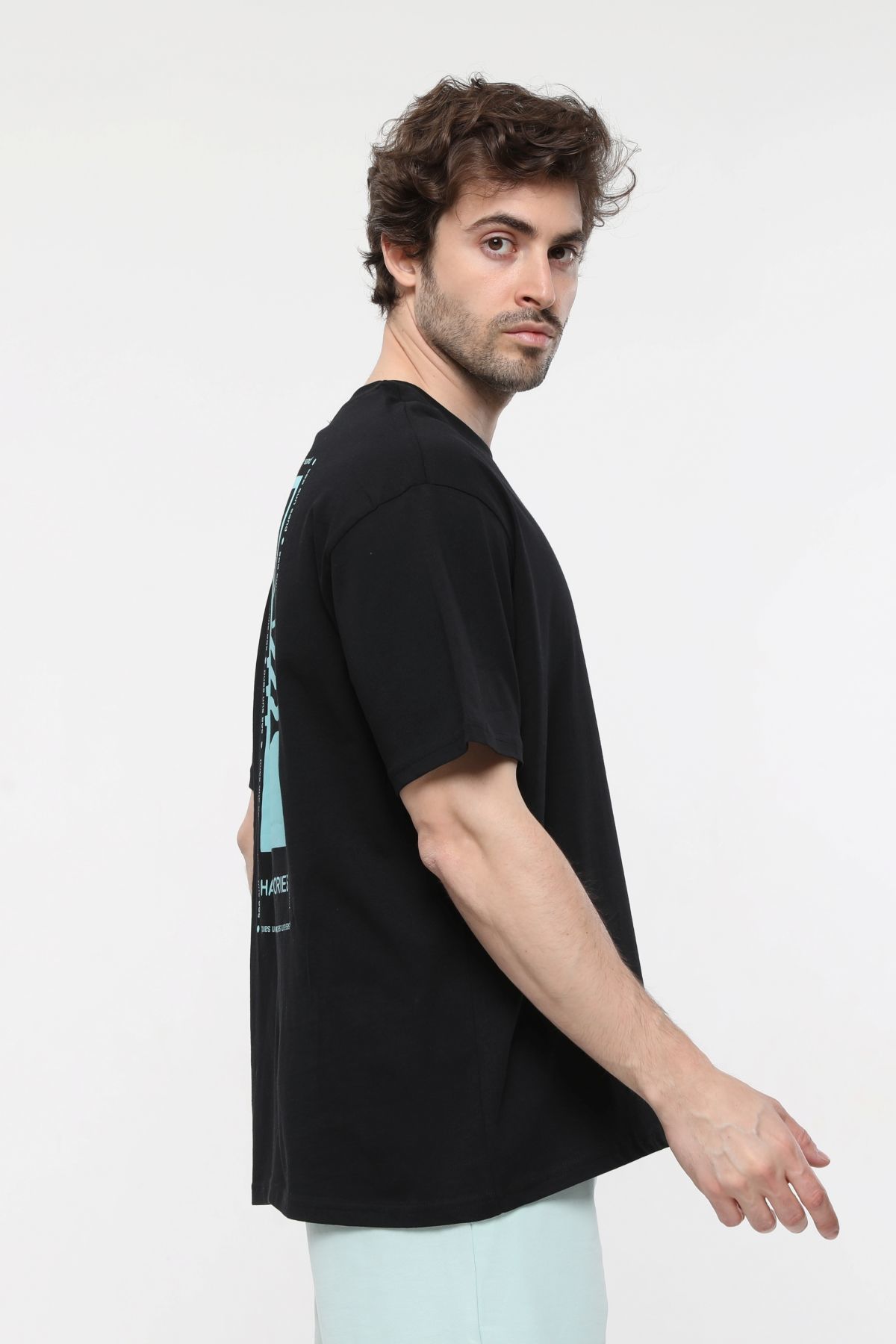 Erkek Bisiklet Yaka Kısa Kollu Oversize Fit Baskılı Tişört - Robin - Siyah