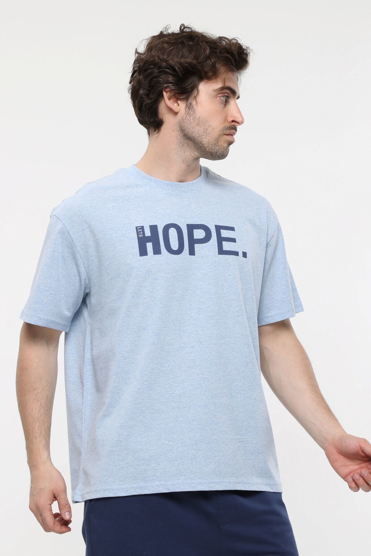 Erkek Bisiklet Yaka Kısa Kollu Oversize Fit Baskılı Tişört - Ragen - Mavi Melanj