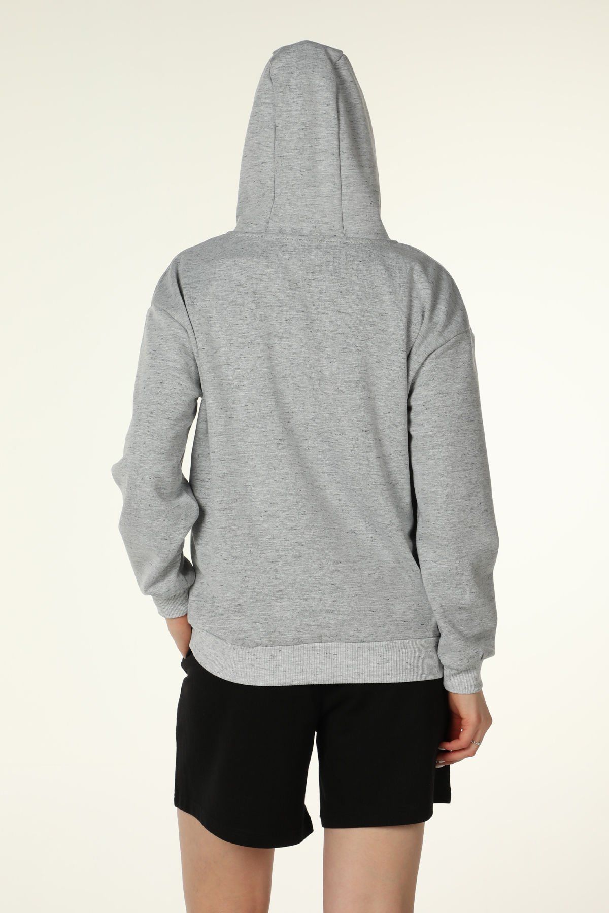 Kadın Kapüşonlu Fermuarlı Oversıze Sweatshırt - Kırçıllı Gri