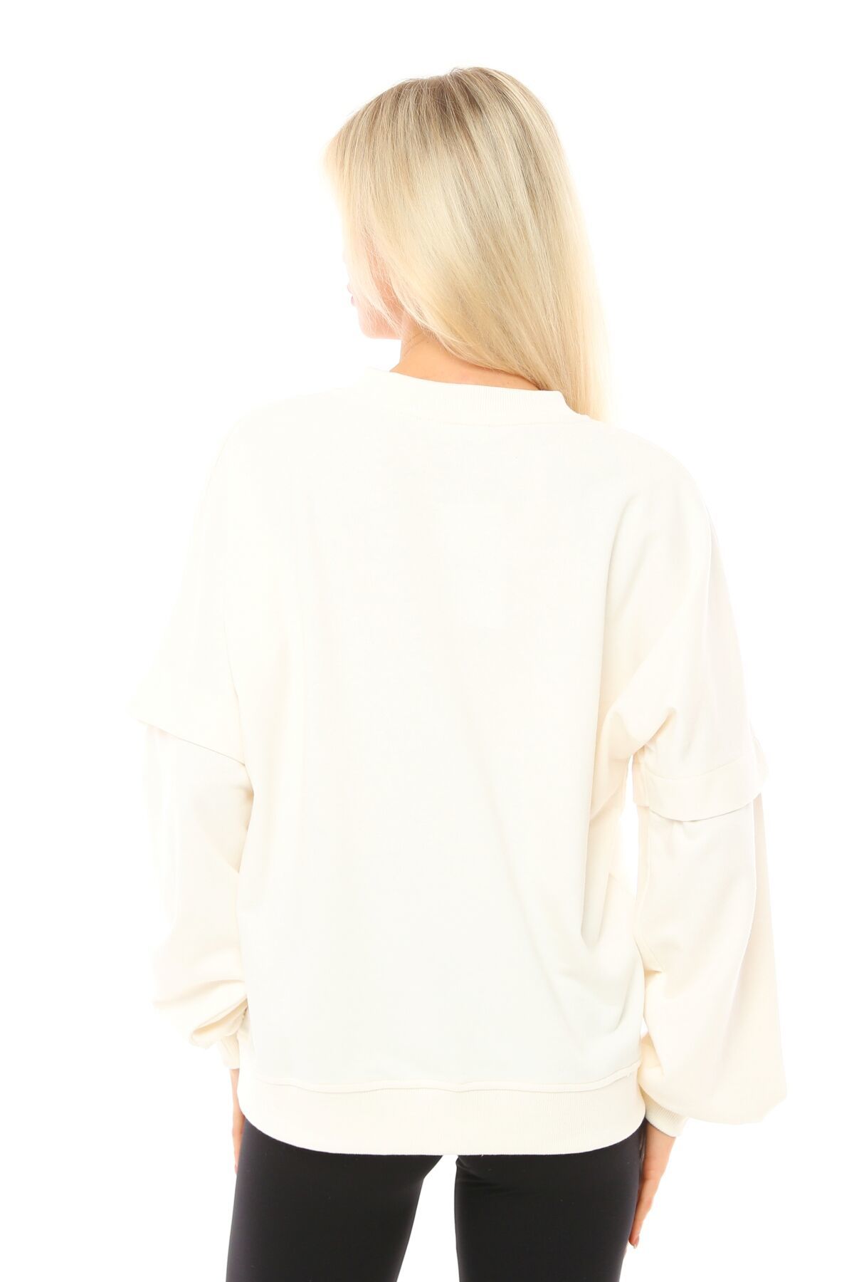 Kadın Bisiklet Yaka Kol Detaylı Oversize Fit Basic Sweatshirt - Ekru