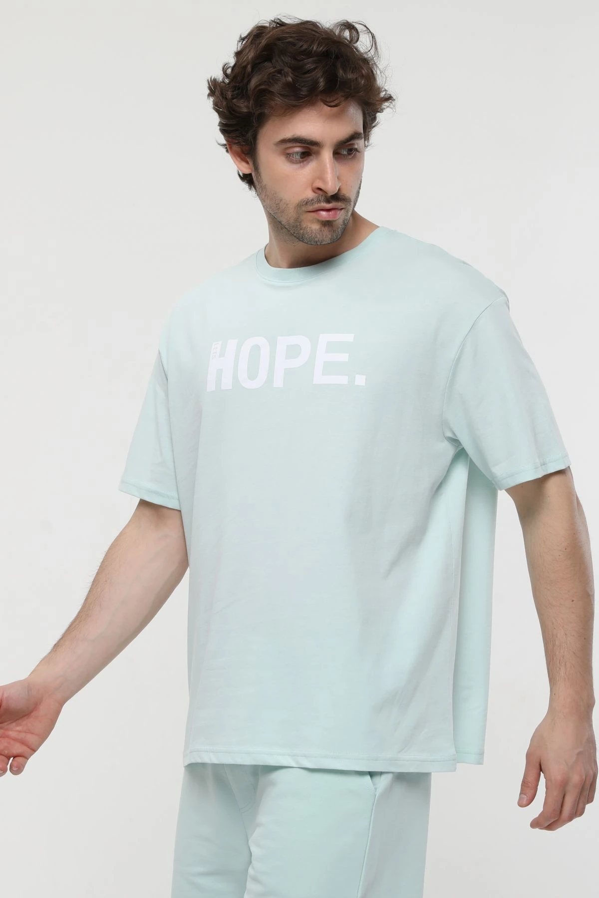 Erkek Bisiklet Yaka Kısa Kollu Oversize Fit Baskılı Tişört - Ragen - Su Yeşili