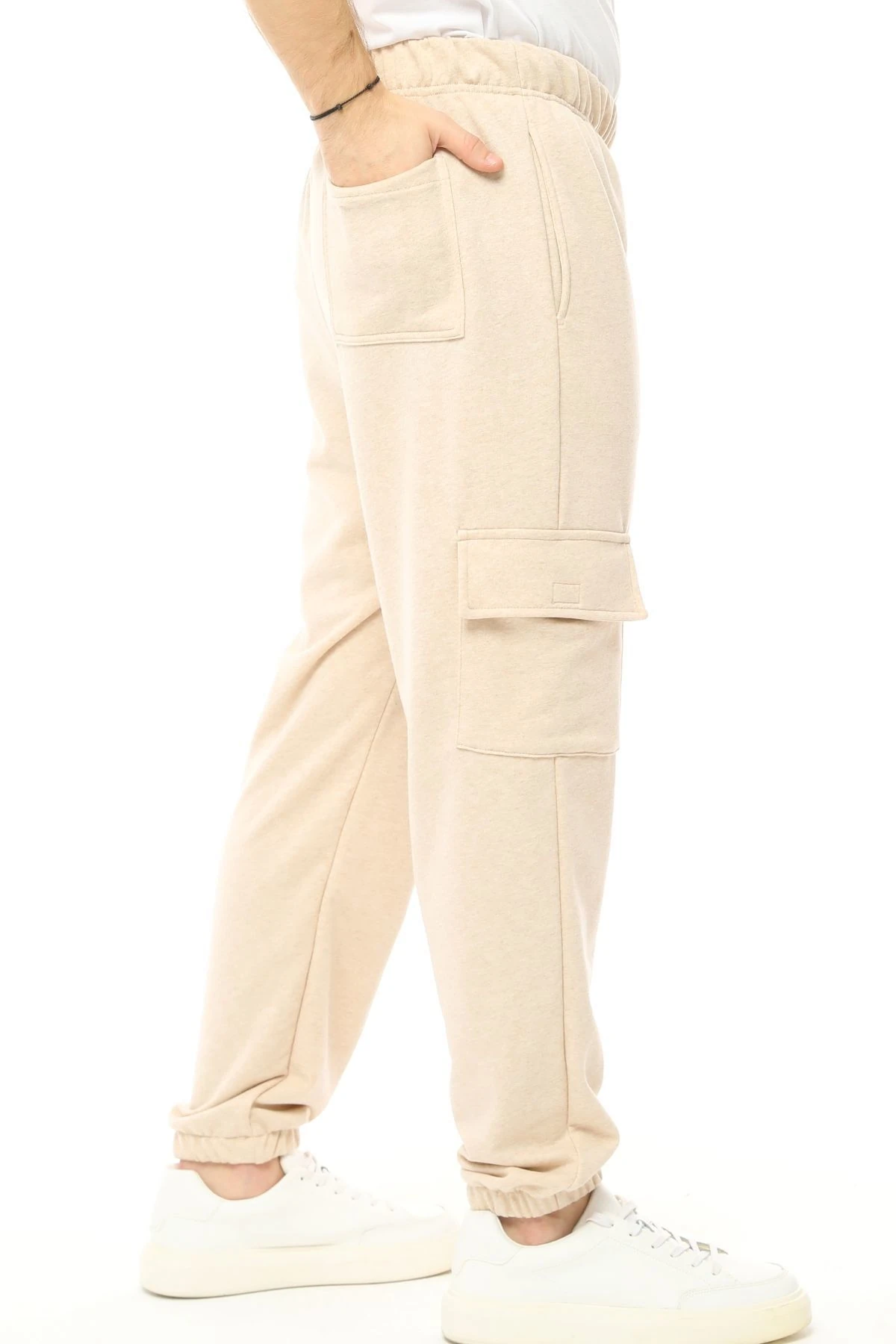 Erkek Kargo Cepli Oversize Jogger Pantolon - Bej Melanj