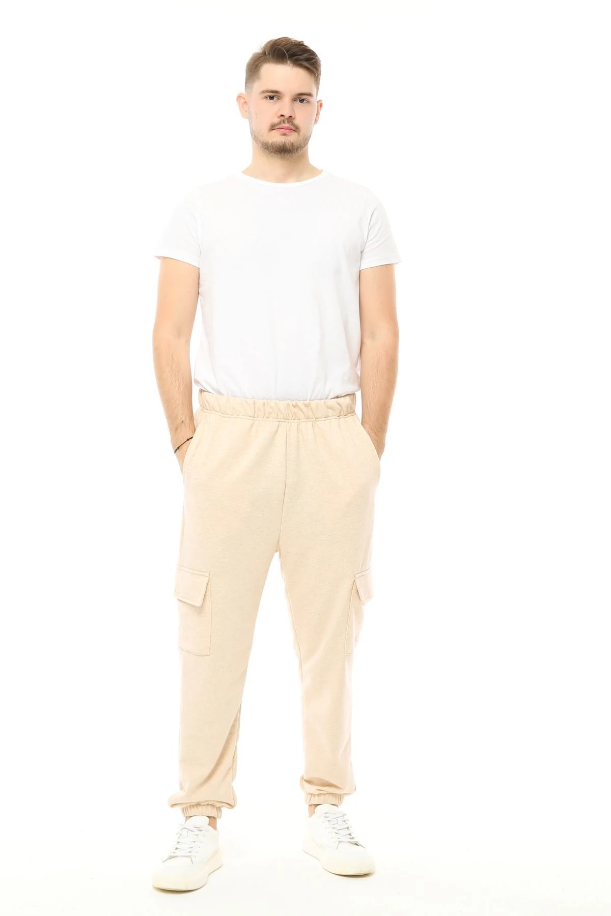 Erkek Kargo Cepli Oversize Jogger Pantolon - Bej Melanj