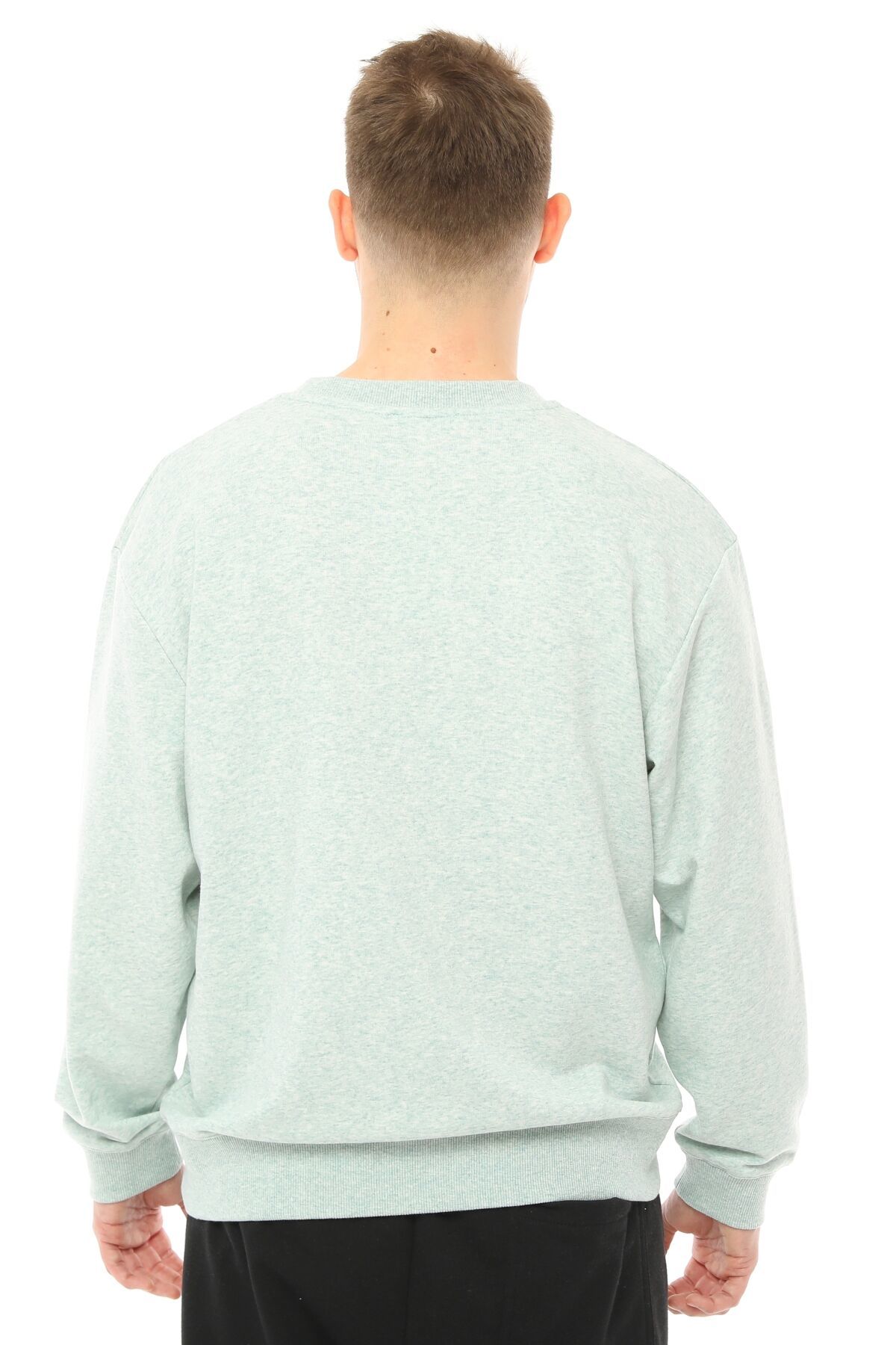 Erkek Bisiklet Yaka Etiket Detaylı Regular Fit Sweatshirt - Yeşil Melanj