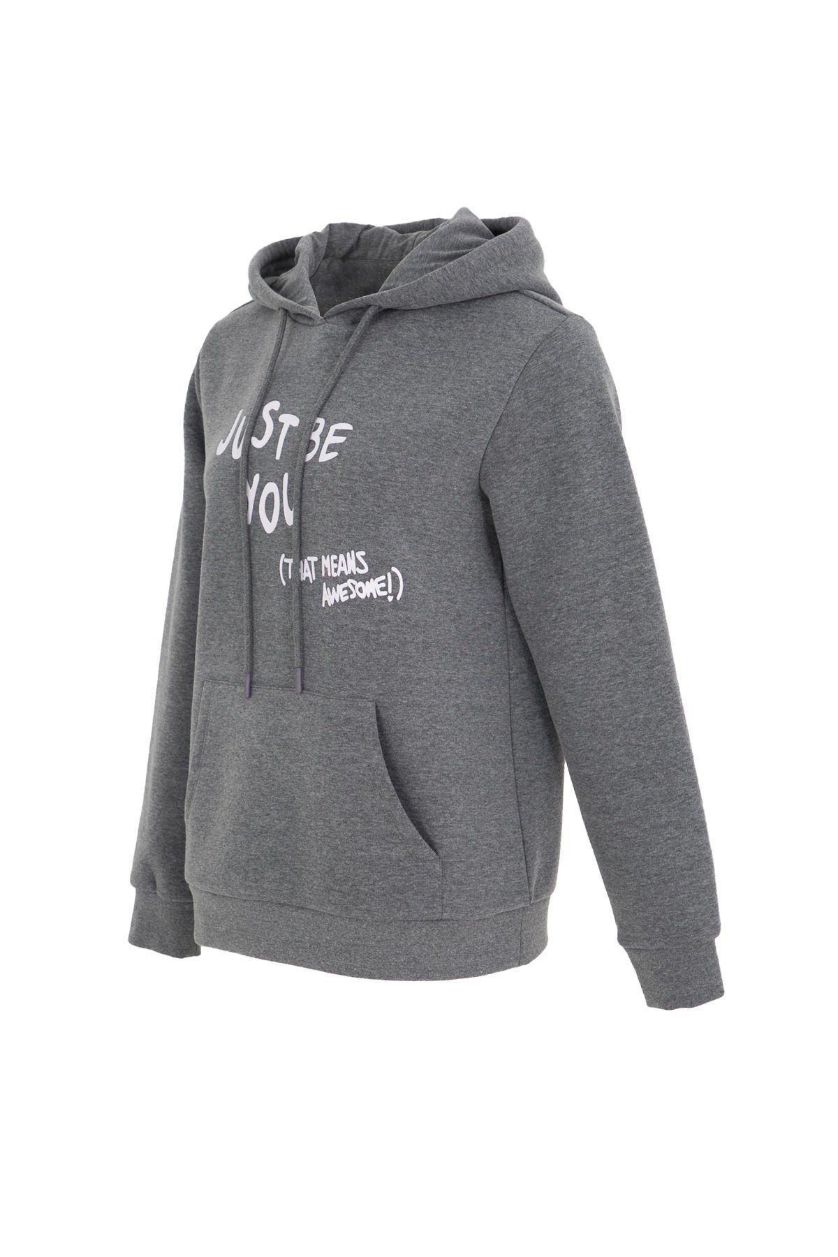 Kadın Kapüşonlu Regular Fit Şardonlu Baskılı Sweatshirt - Antrasit