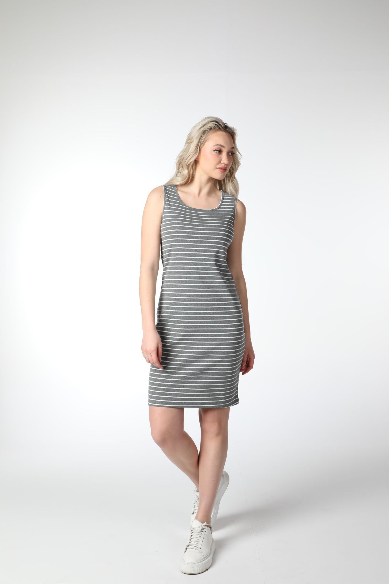 Kadın U Yaka Sıfır Kol Regular Fit Çizgili Elbise - Koyu Gri