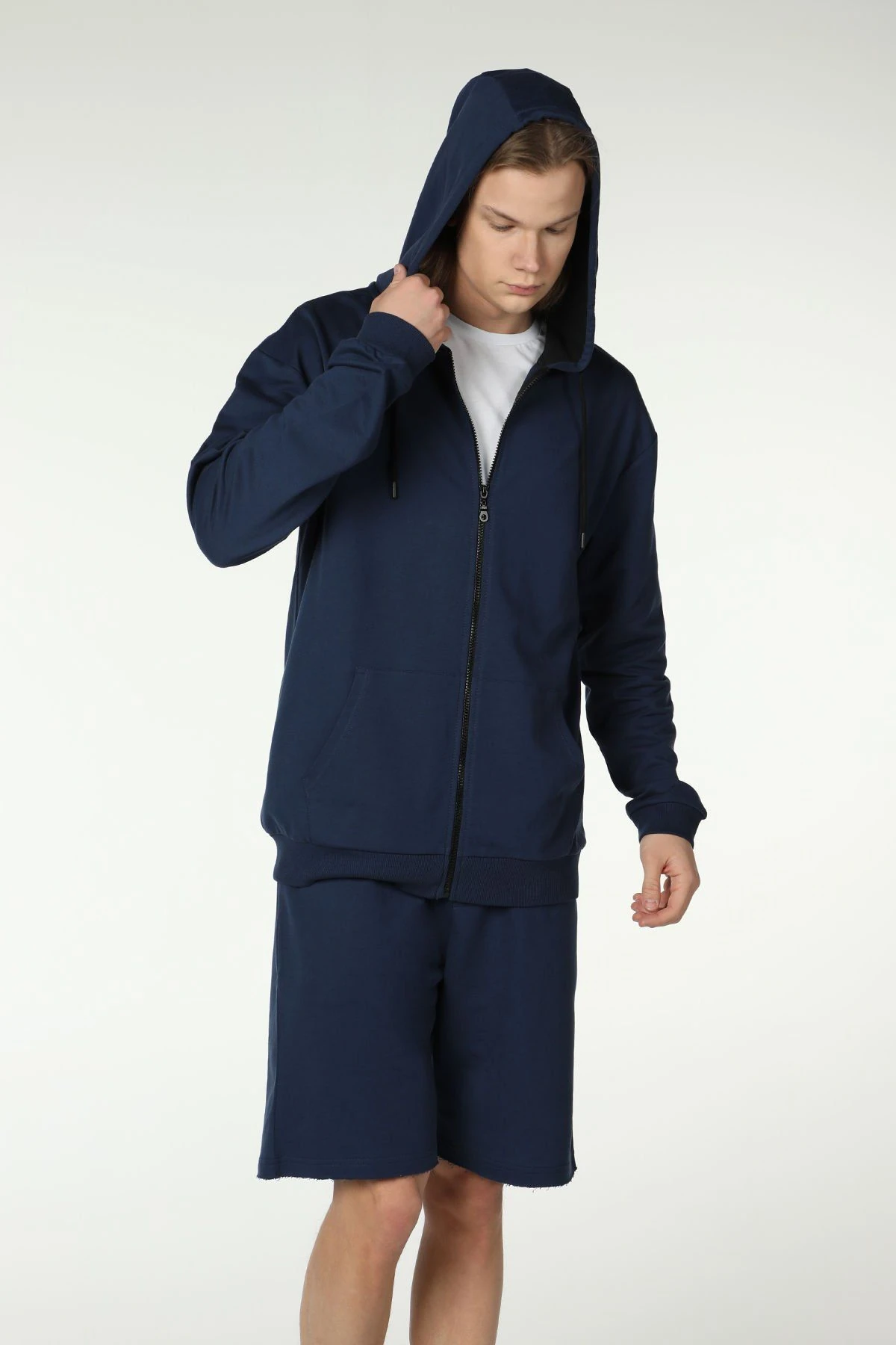Erkek Kapüşonlu Fermuarlı Oversize Sweatshirt - İndigo