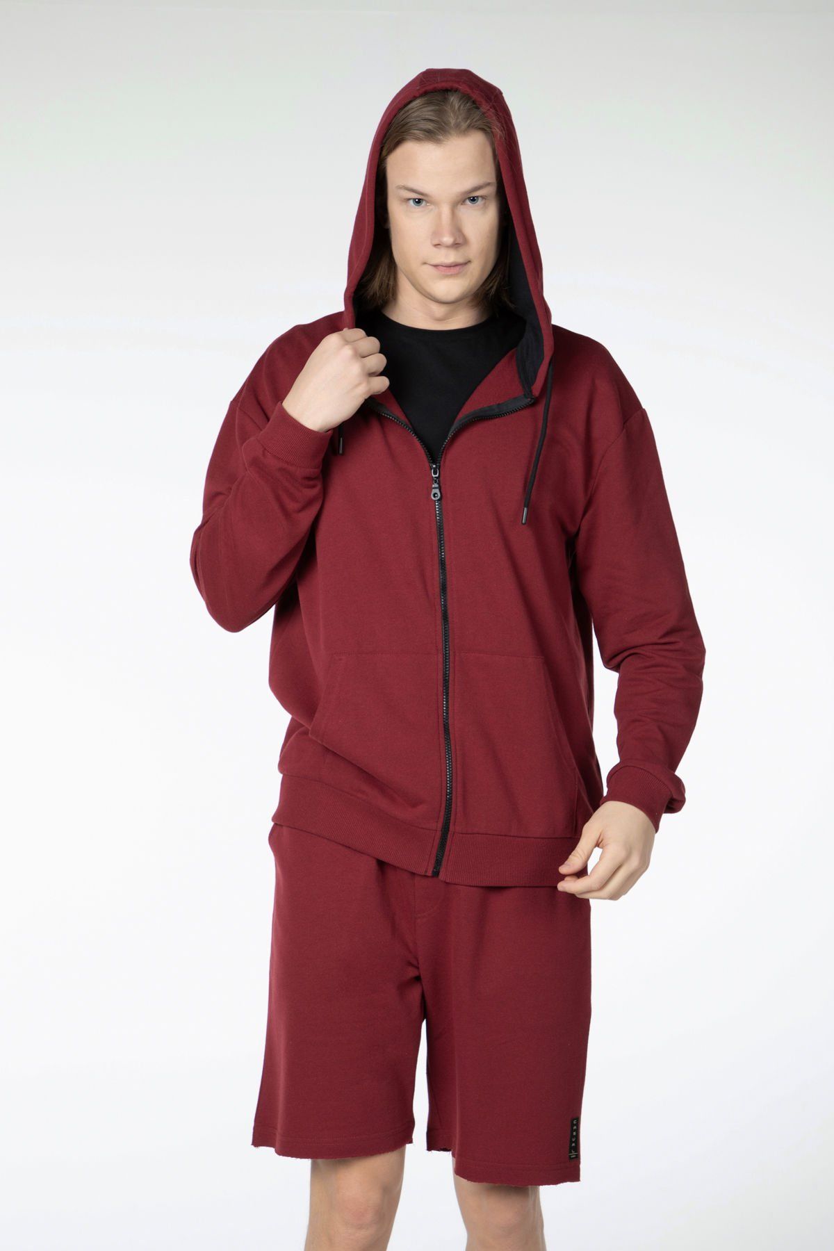 Erkek Kapüşonlu Fermuarlı Oversıze Sweatshırt - BORDO