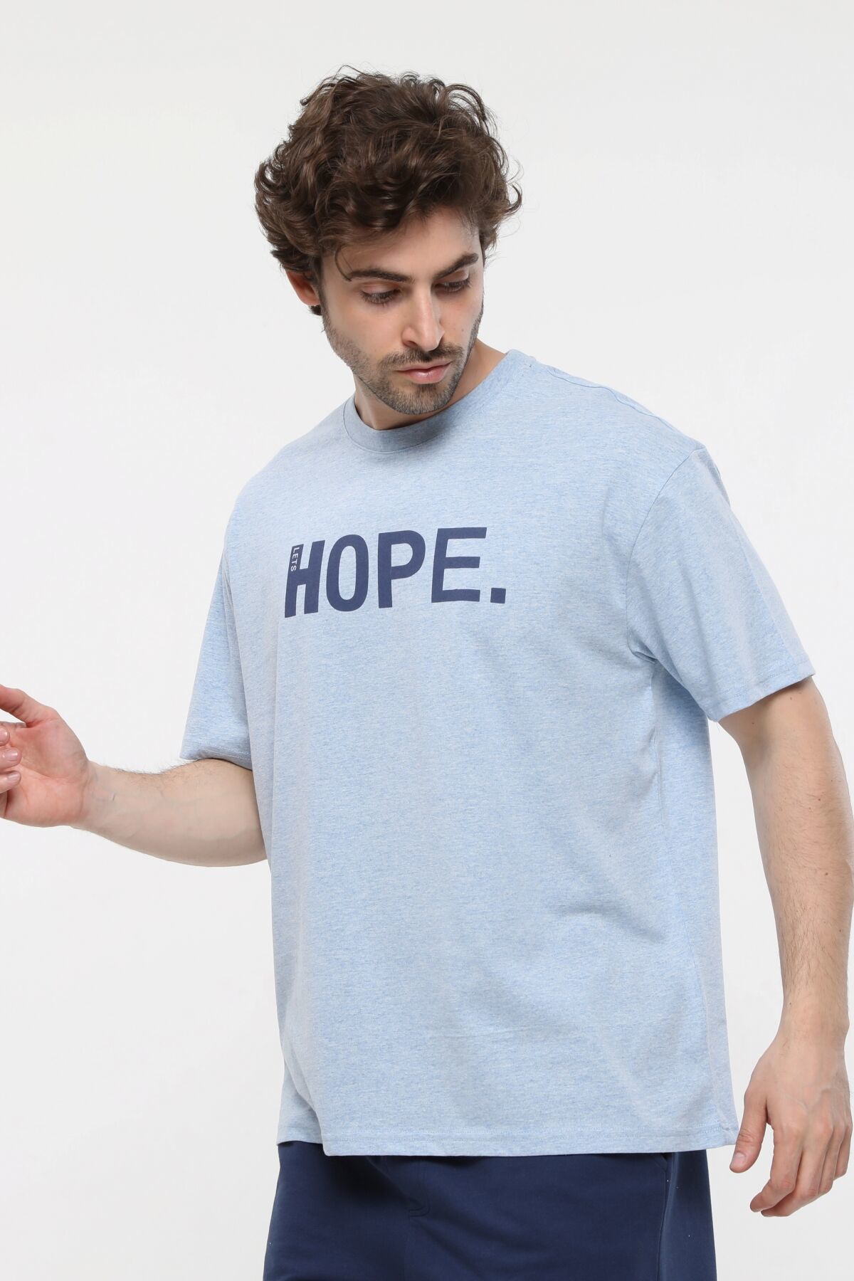 Erkek Bisiklet Yaka Kısa Kollu Oversize Fit Baskılı Tişört - Ragen - Mavi Melanj