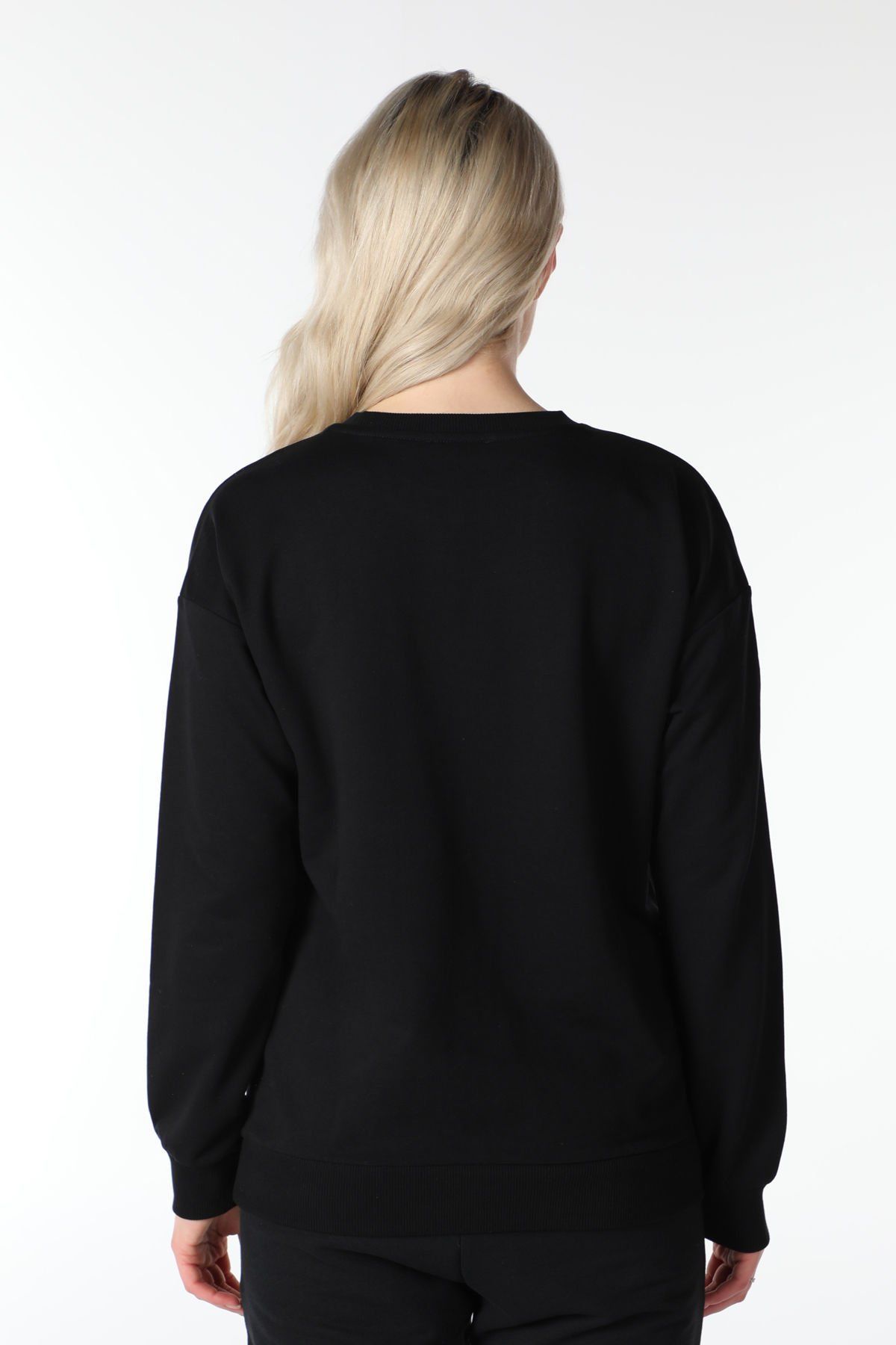 Kadın Bisiklet Yaka Regular Fit Baskılı Sweatshirt - Siyah