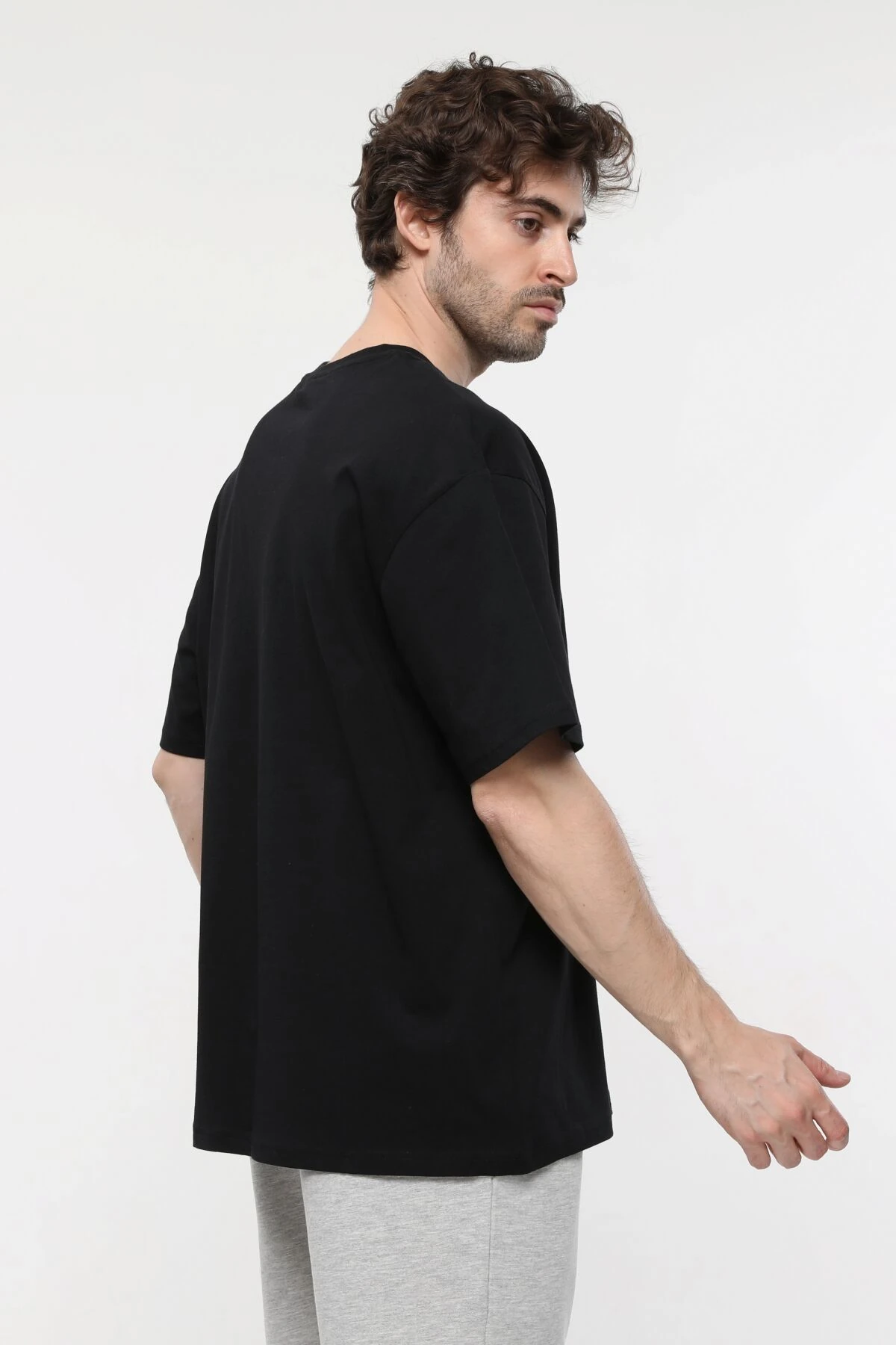 Erkek Bisiklet Yaka Kısa Kollu Oversize Fit Baskılı Tişört - Ragen - Siyah