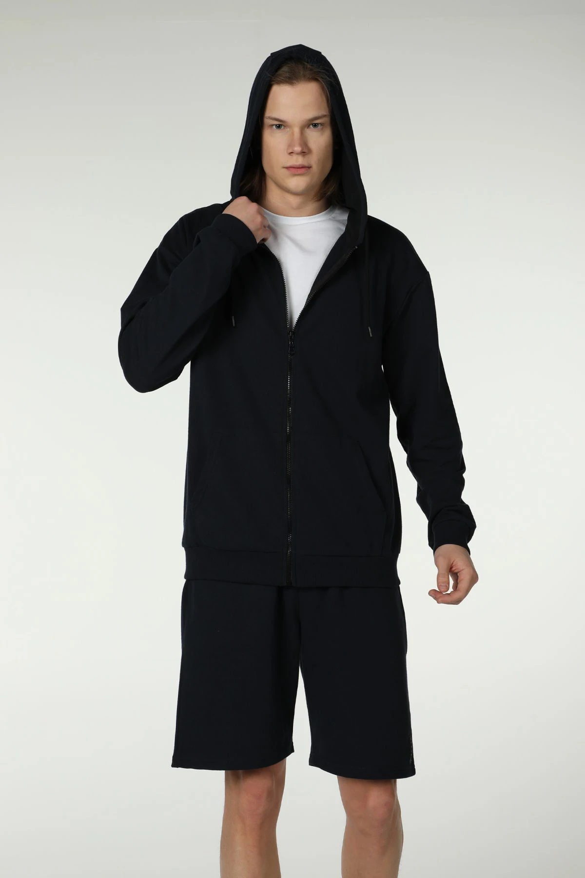 Erkek Kapüşonlu Fermuarlı Oversize Sweatshirt - Lacivert