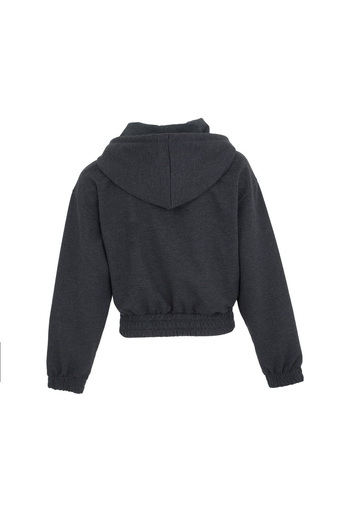 Kadın Kapüşonlu Regular Fit Baskılı Crop Sweatshirt - Antrasit